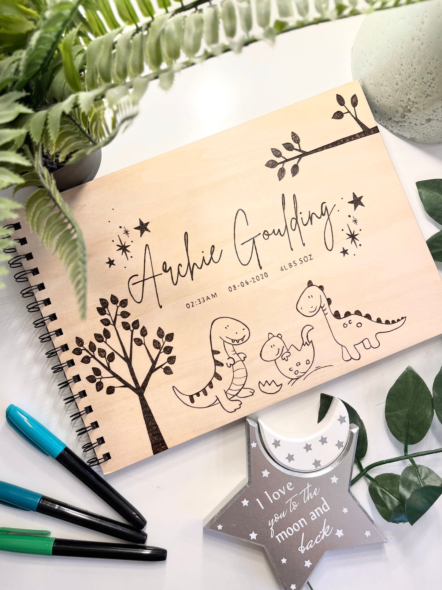 Personalised A4 Wooden Engraved Baby Dinosaur Scrapbook