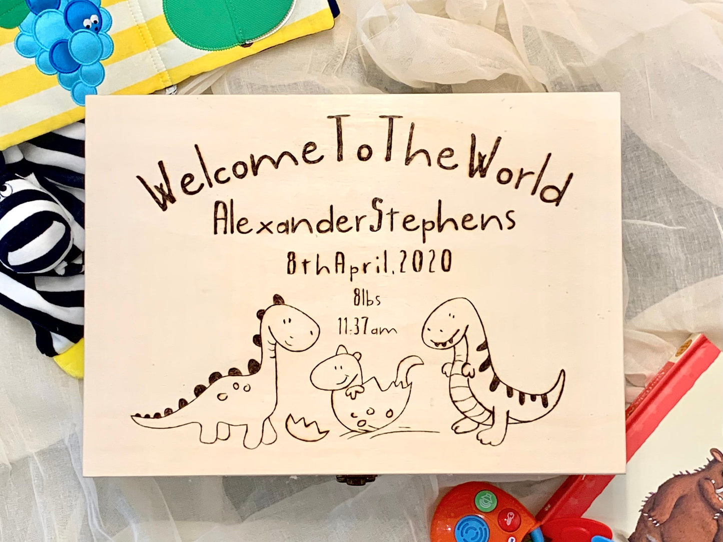 Personalised Baby Wooden Dinosaur Memories Keepsake Box