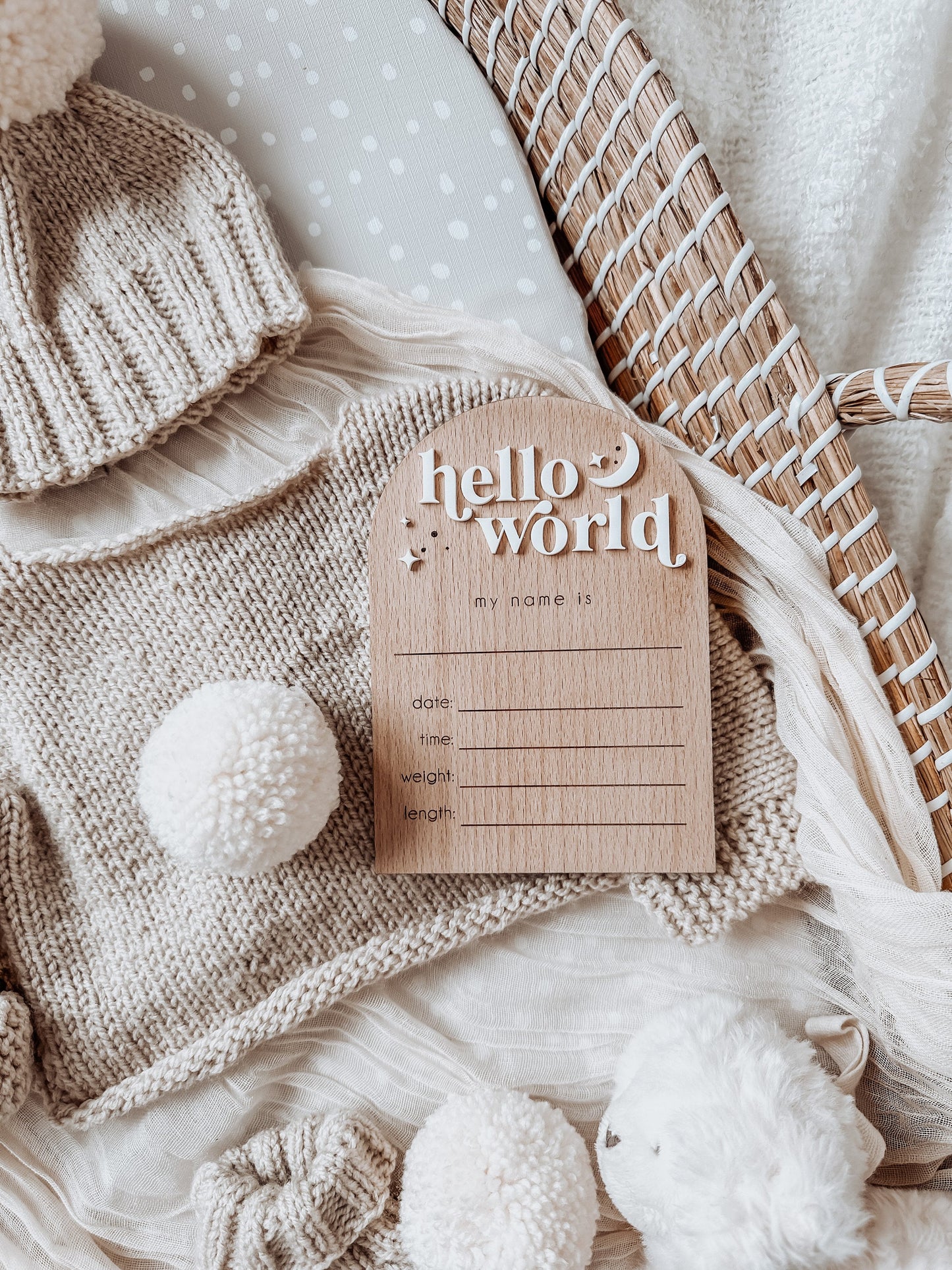 Wooden Celestial Hello World Baby Plaque