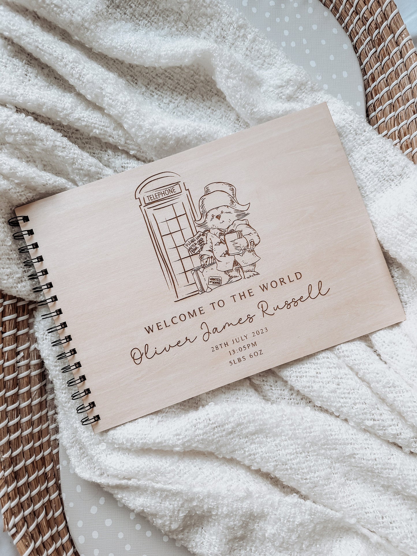 Personalised A4 wooden engraved Paddington Bear scrapbook/ baby book/ baby journal/ memory gift/new baby gift