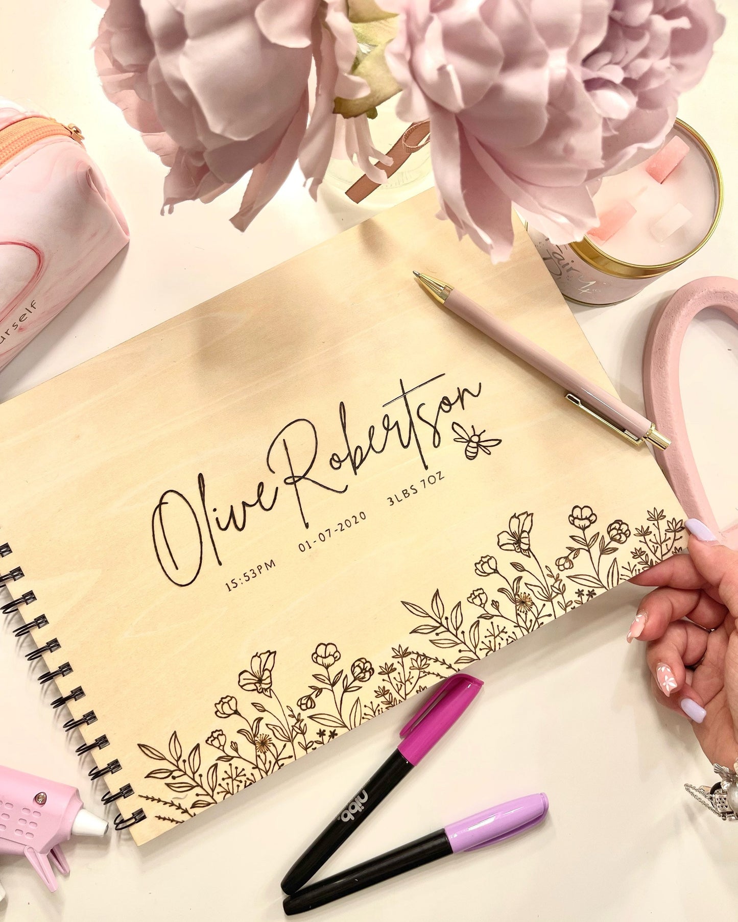 Personalised A4 wooden engraved Baby floral scrapbook