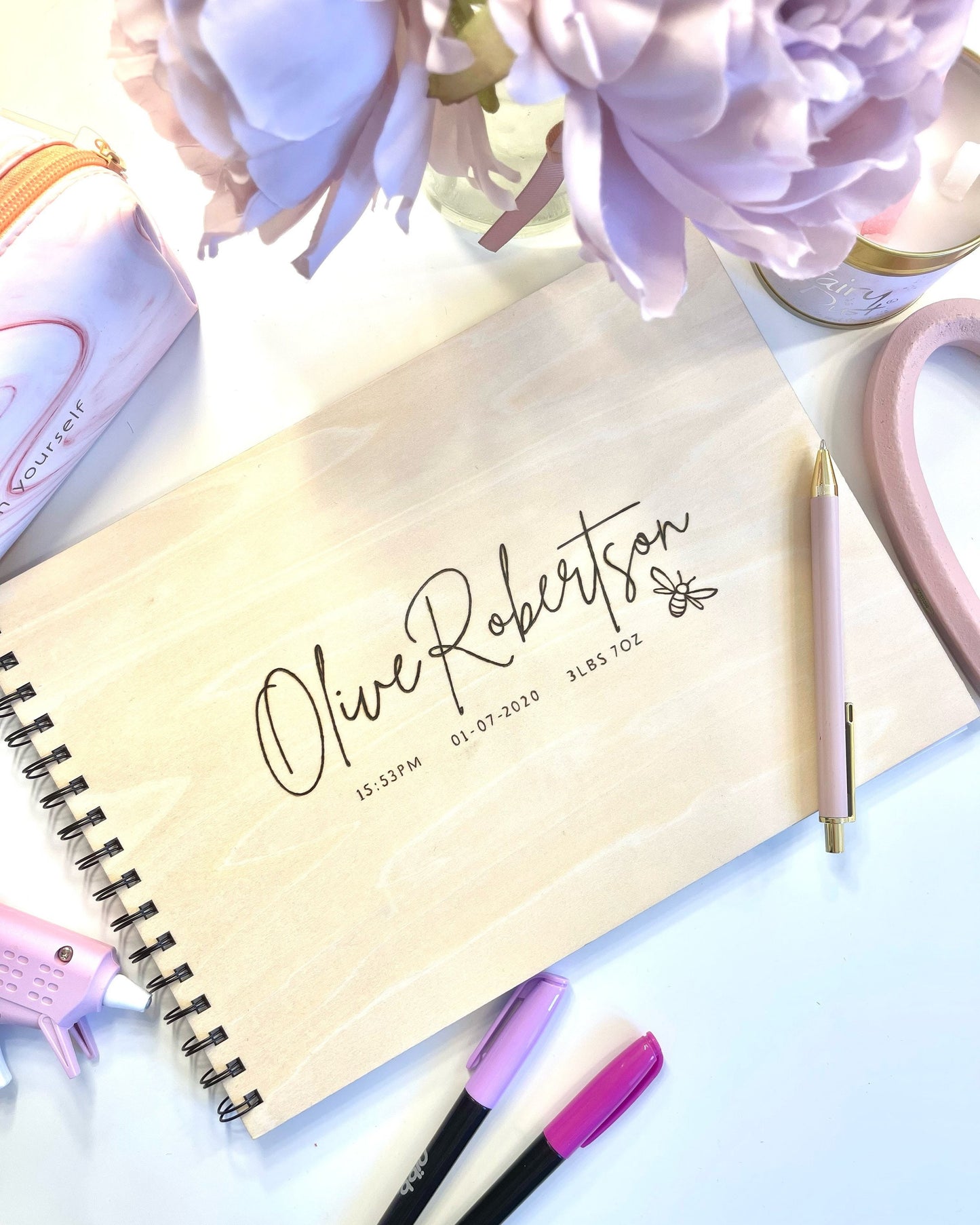 Personalised A4 wooden engraved Baby bee scrapbook