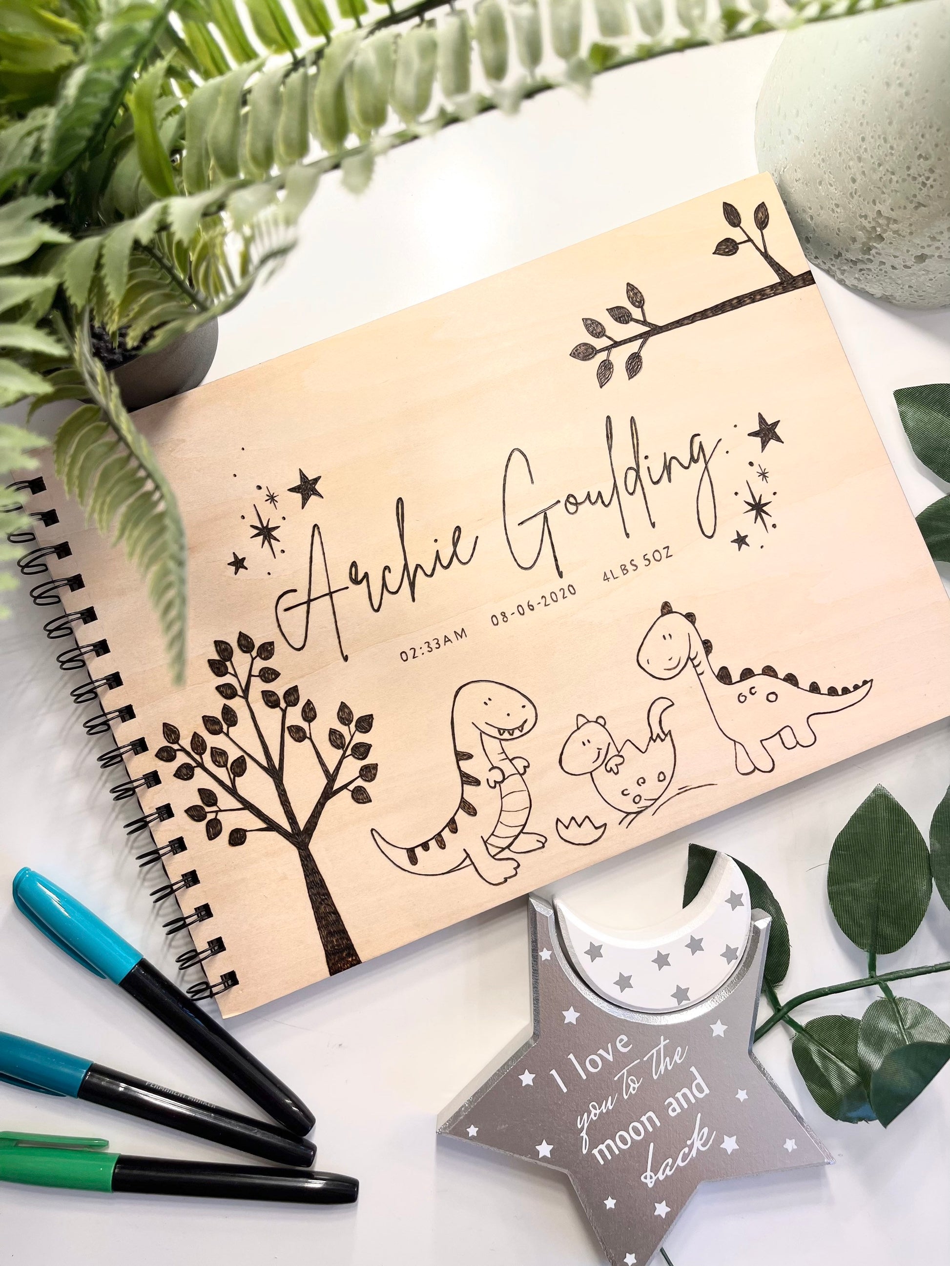 Personalised A4 Wooden Engraved Baby Dinosaur Scrapbook