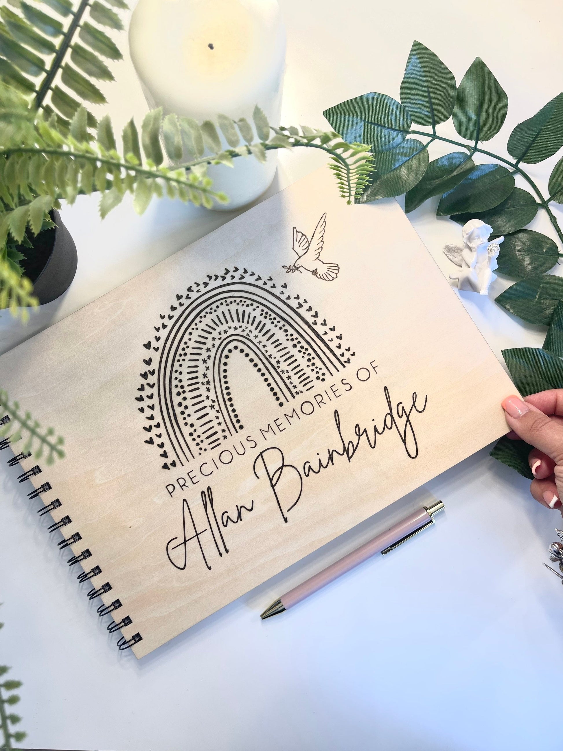 Personalised A4 wooden engraved bereavement memory book