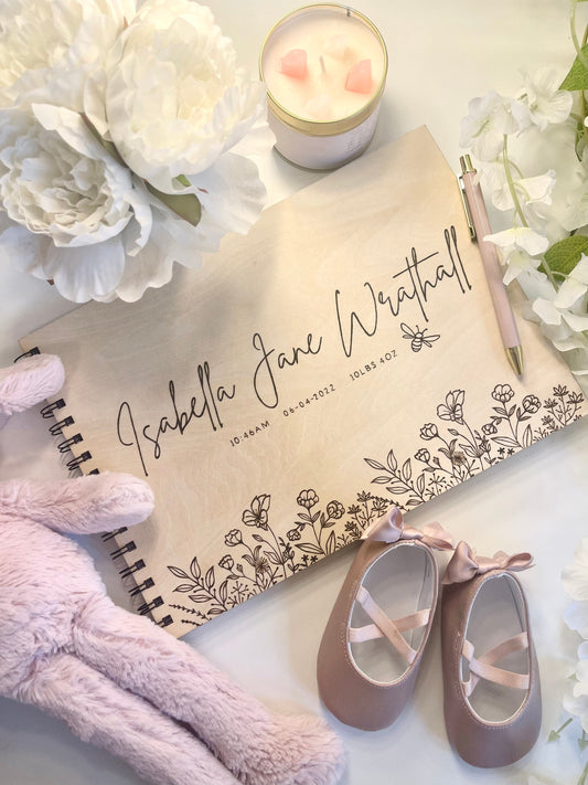 Personalised A4 Wooden Engraved Baby Floral Scrapbook