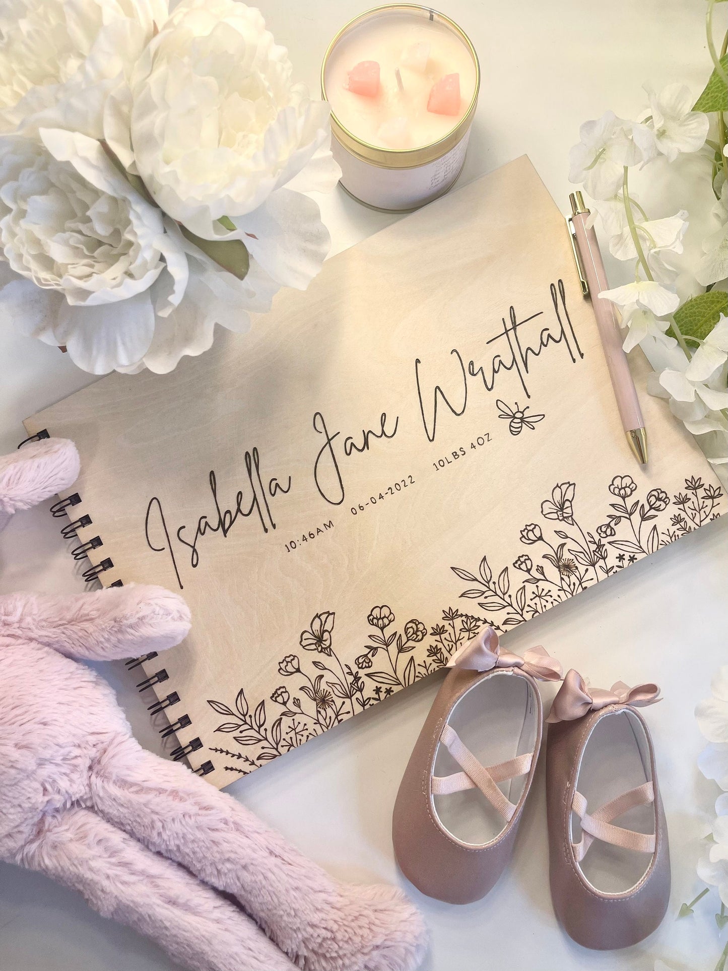 Personalised A4 wooden engraved Baby floral scrapbook