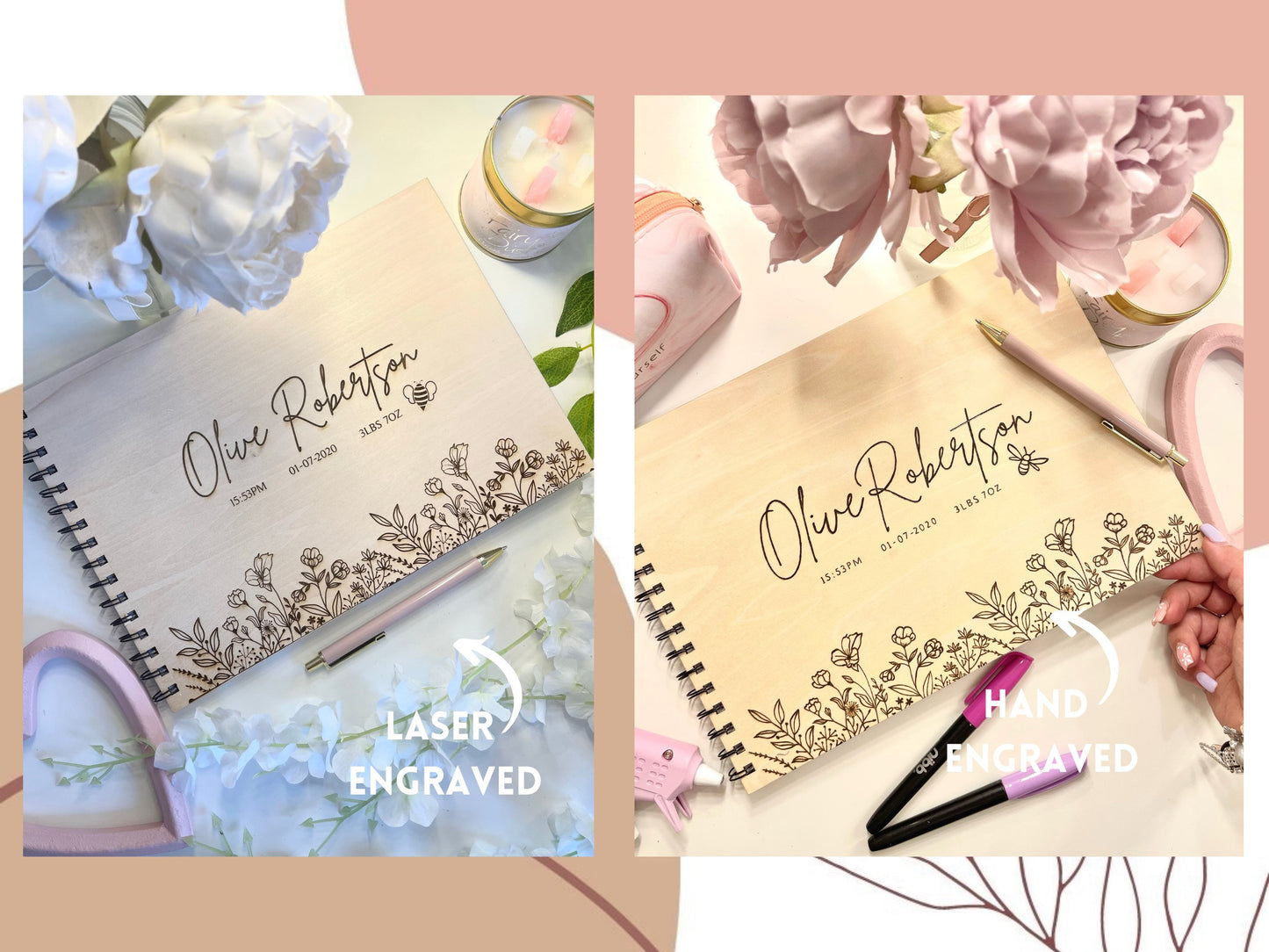 Personalised A4 wooden engraved Baby teddy scrapbook