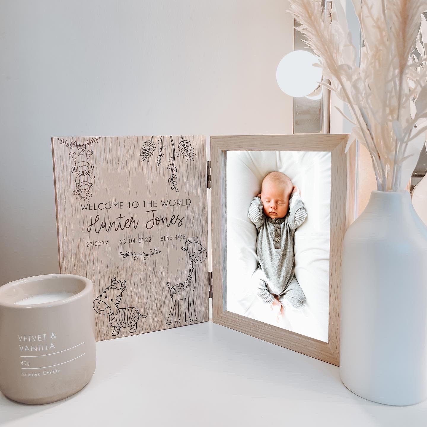 Personalised New Born Baby Jungle Photo Frame/ New Born Baby Gift/ Wooden Photo Frame with personalised engraving/ Solid Oak Wood