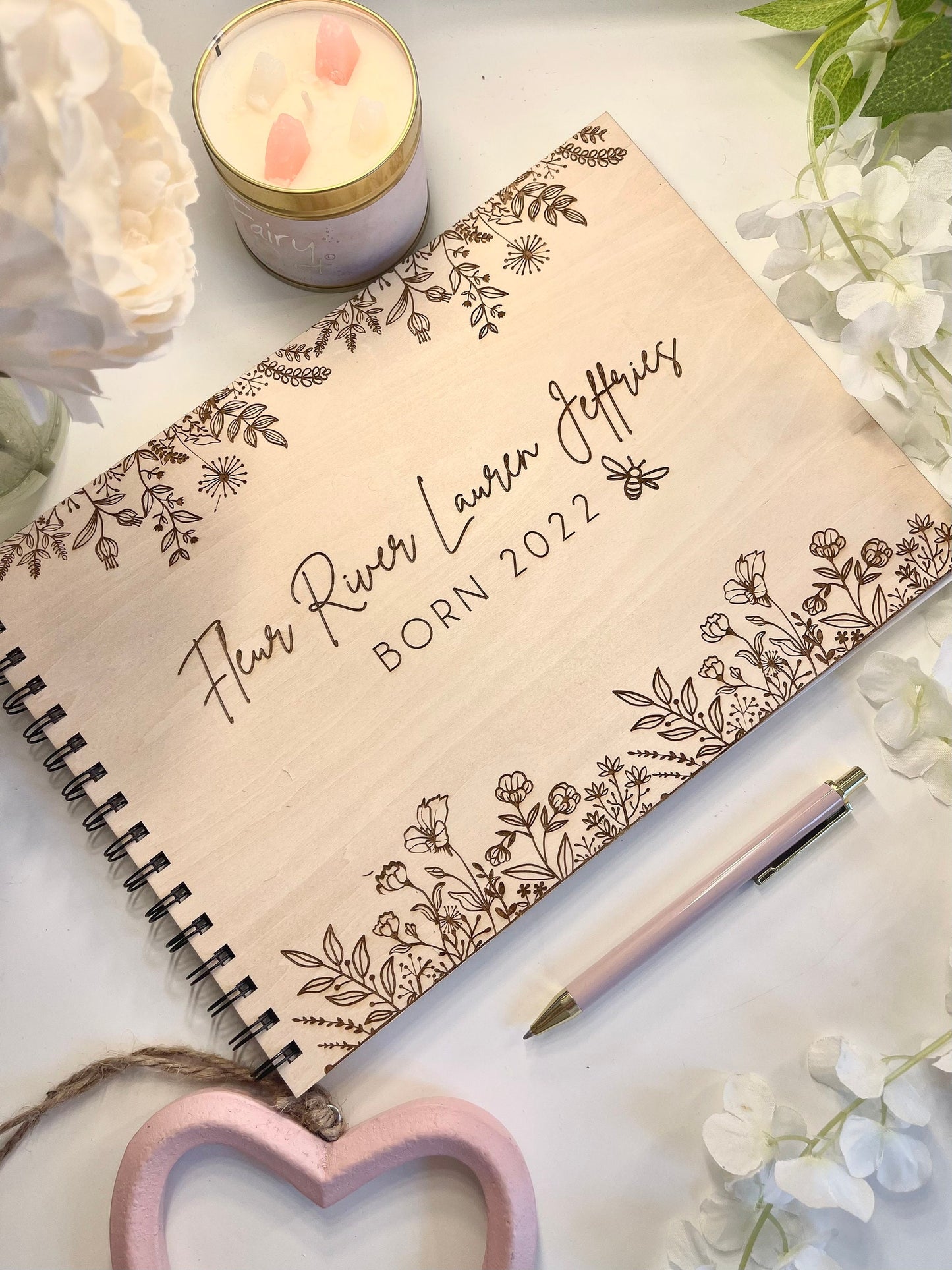 Personalised A4 wooden engraved Baby floral scrapbook