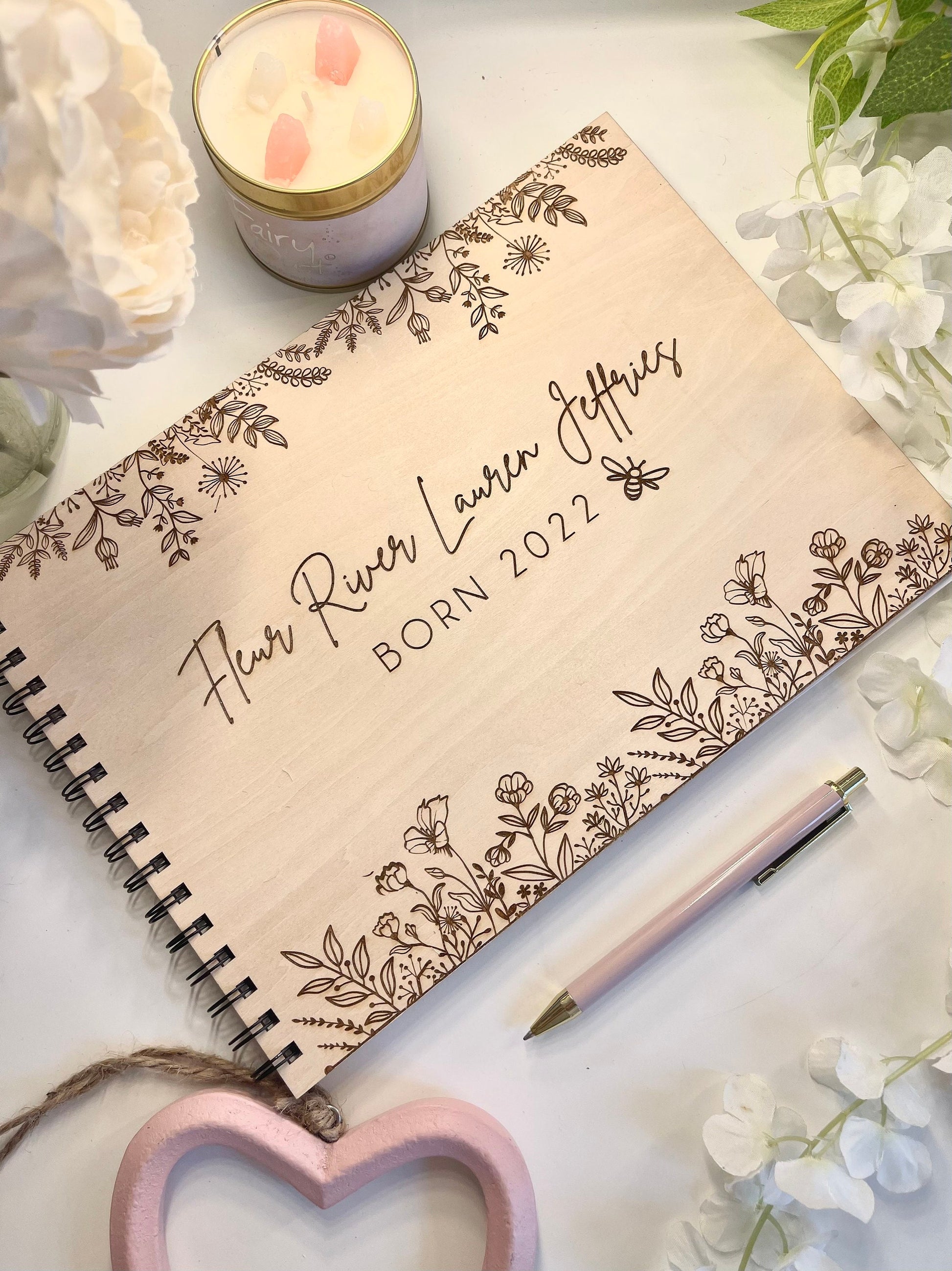 Personalised A4 wooden engraved Baby floral scrapbook