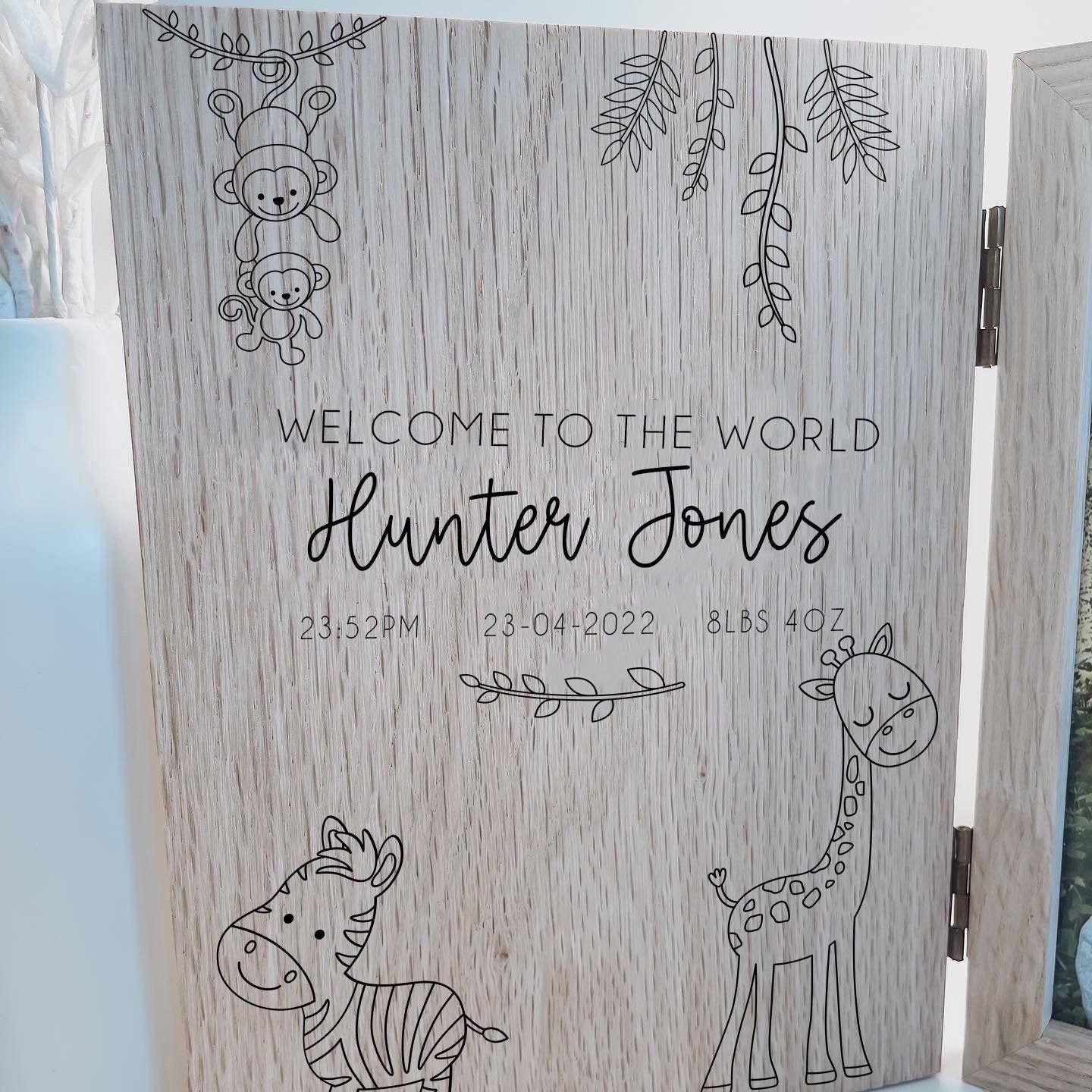 Personalised New Born Baby Jungle Photo Frame/ New Born Baby Gift/ Wooden Photo Frame with personalised engraving/ Solid Oak Wood