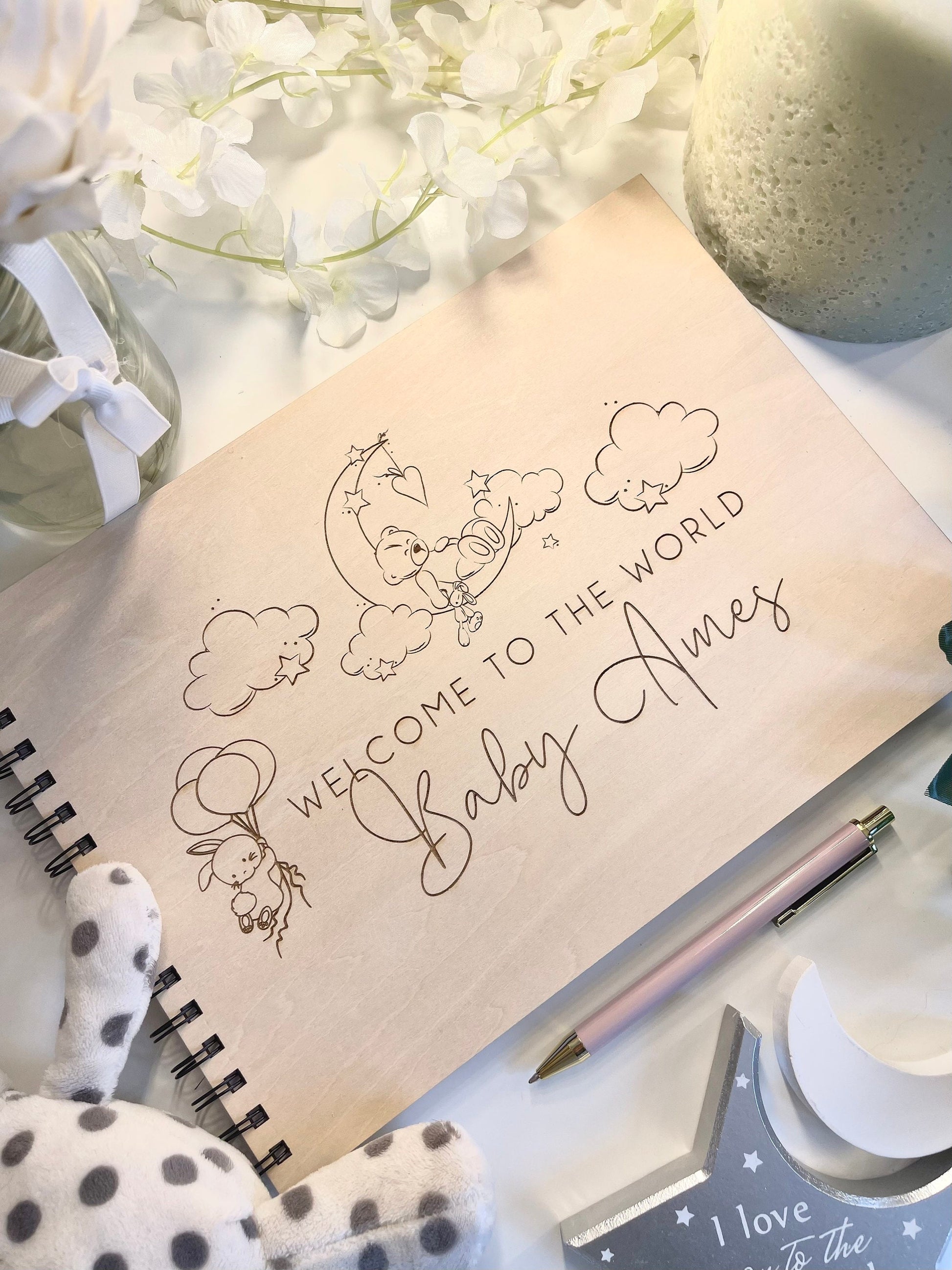 Personalised A4 wooden engraved Baby teddy scrapbook