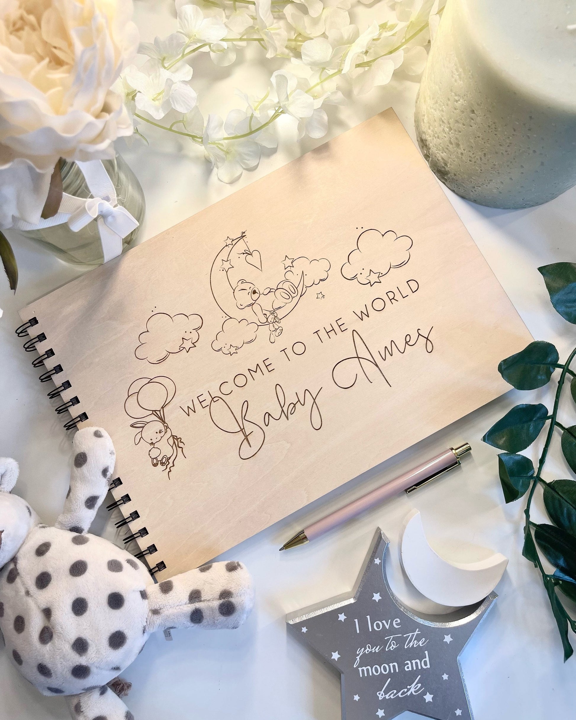 Personalised A4 wooden engraved Baby teddy scrapbook