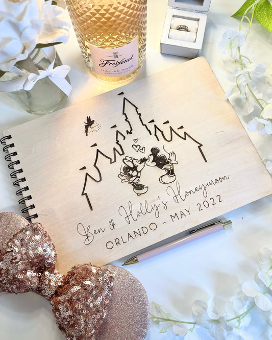 Personalised A4 Wooden Engraved Mickey Mouse Honeymoon Journal