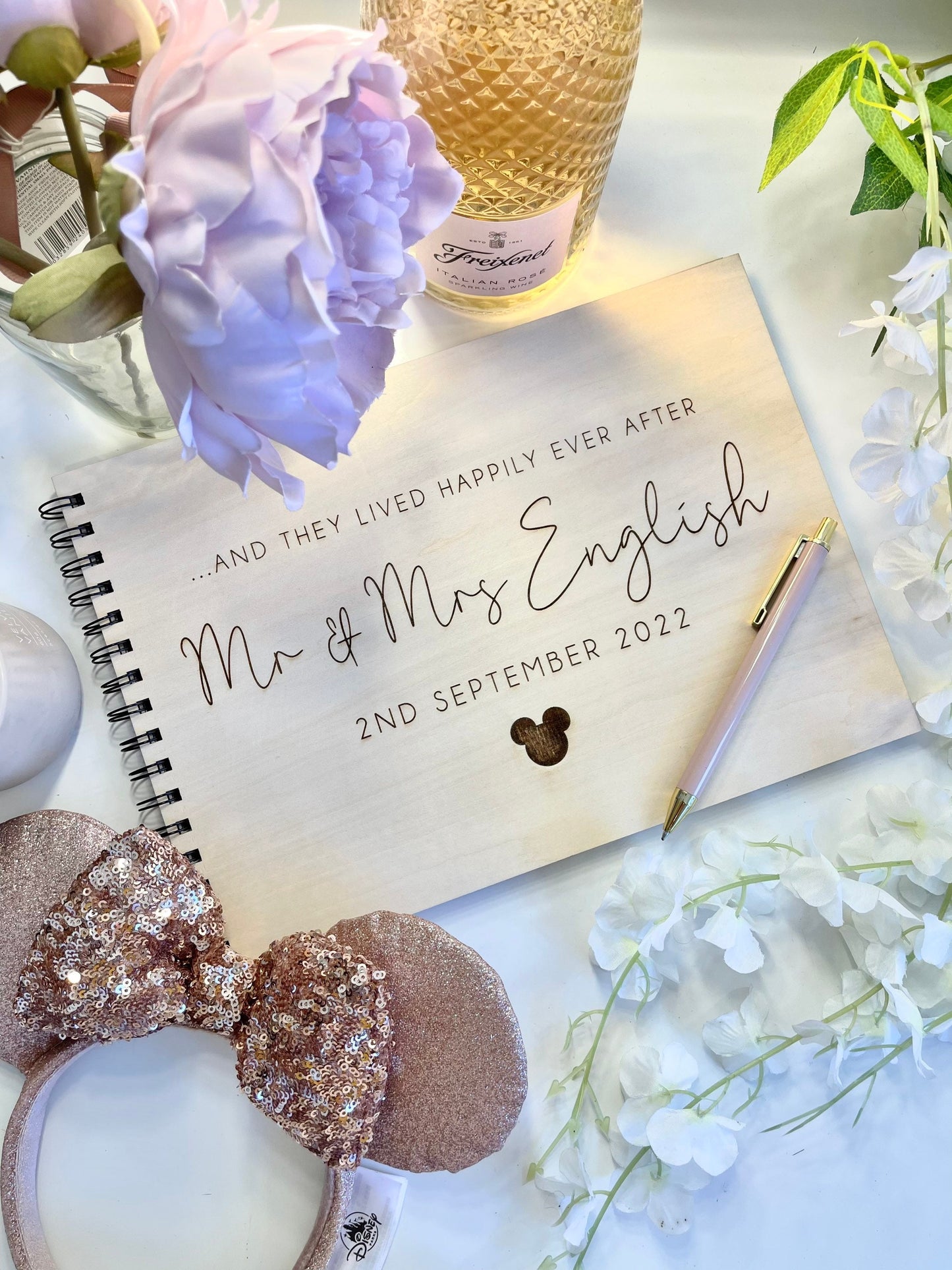 Personalised A4 wooden engraved Mickey wedding guest book