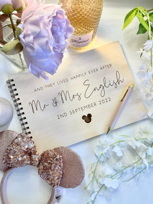 Personalised A4 wooden engraved Mickey wedding guest book