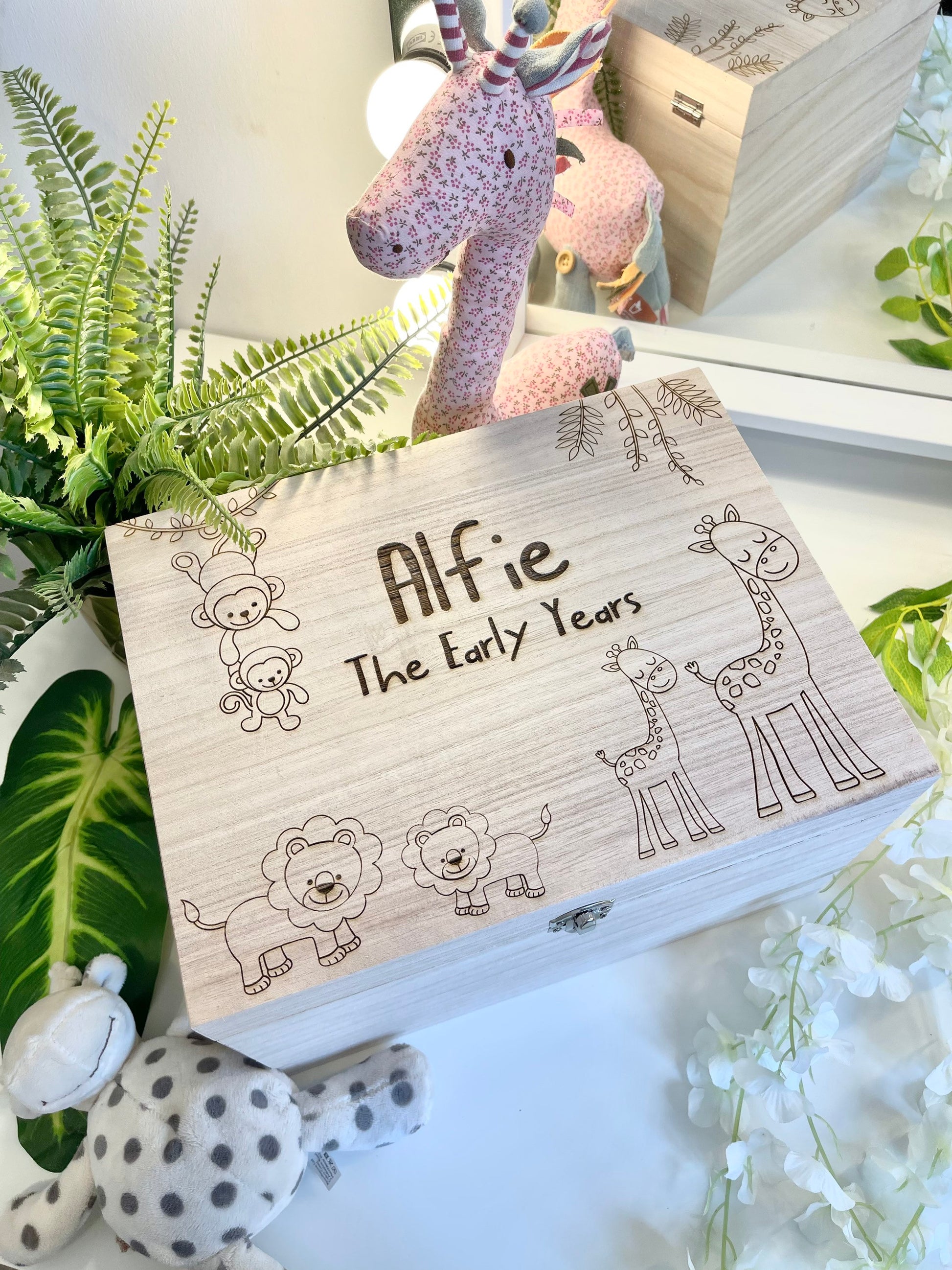 Personalised Baby Wooden Jungle Memories Keepsake Box