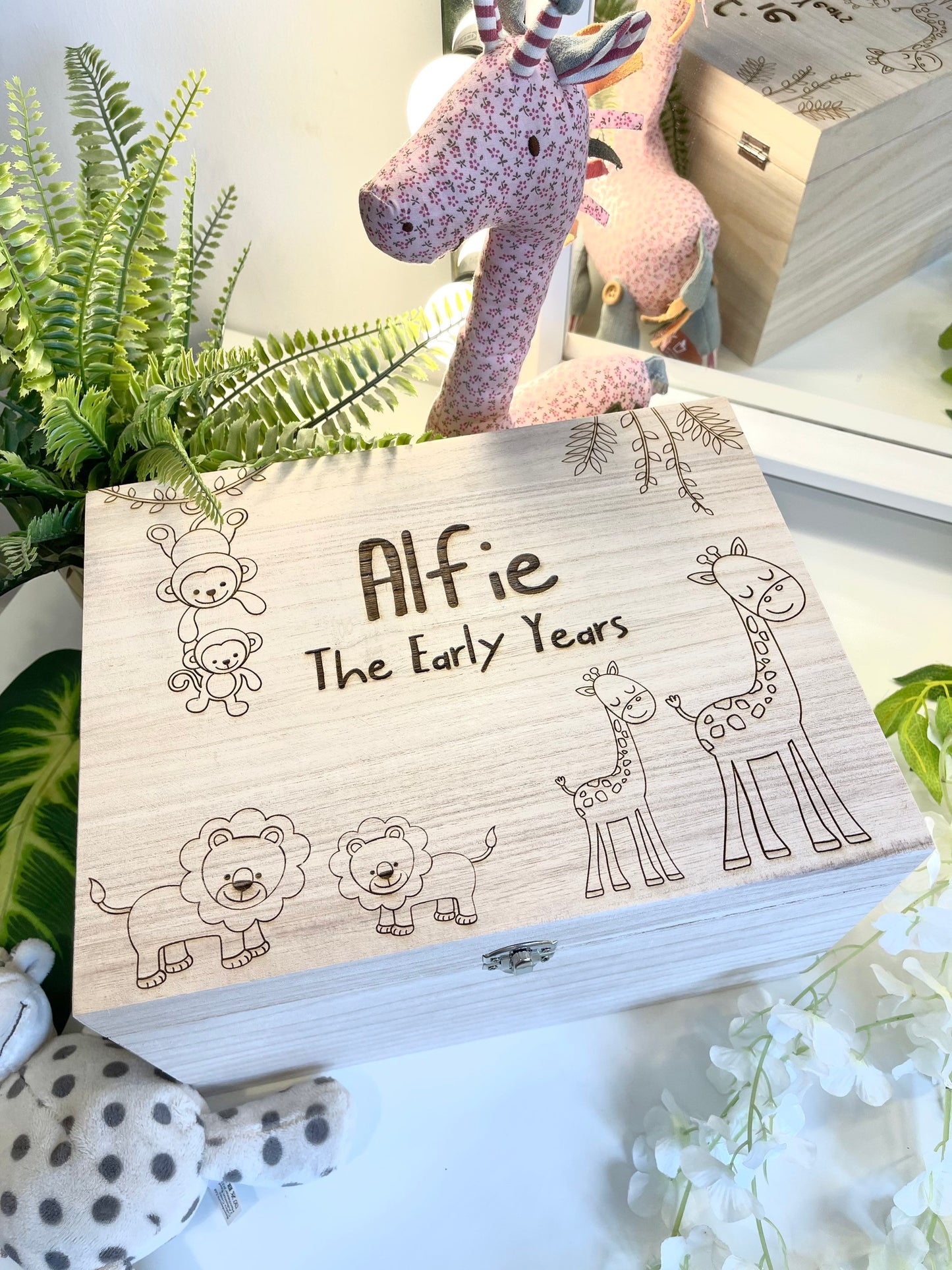 Personalised Baby Wooden Jungle Memories Keepsake Box