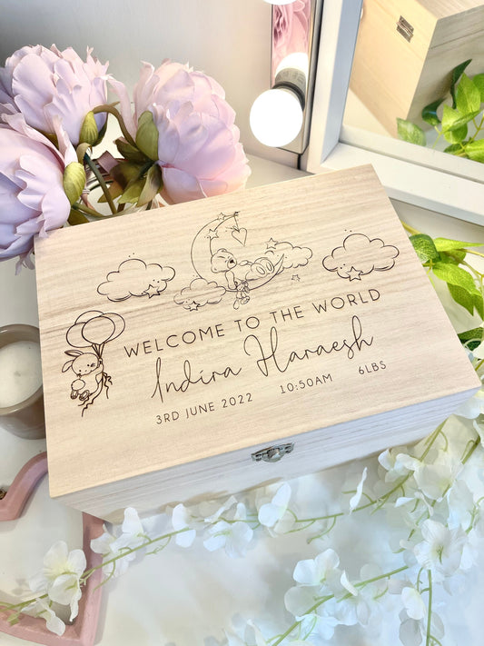 Personalized Baby Wooden Memories Keepsake Box - Personalised Memory Box - New Born Baby Teddy Memory Box- laser/Hand Burnt