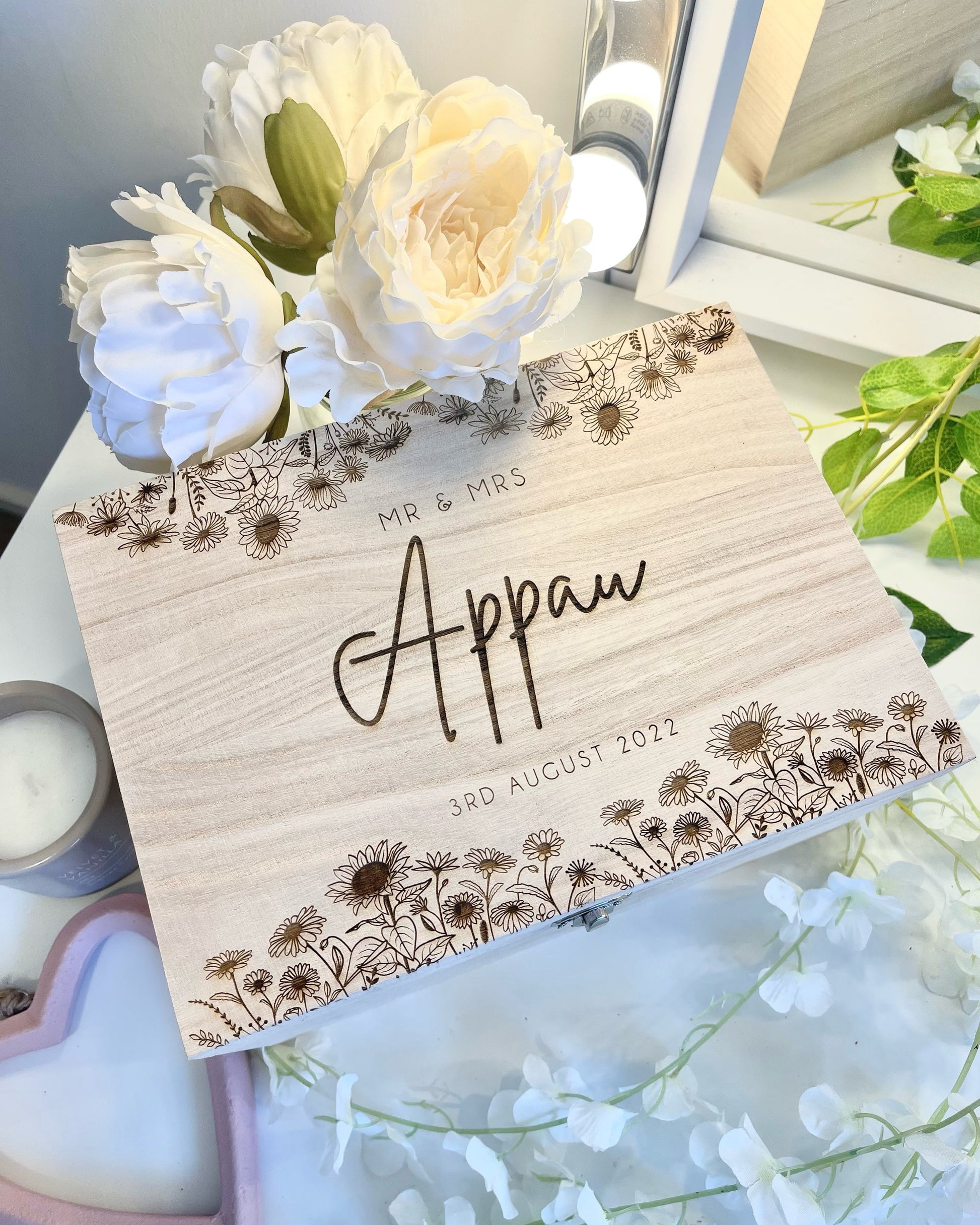 Personalised Wooden Wedding Sunflower Keepsake Box