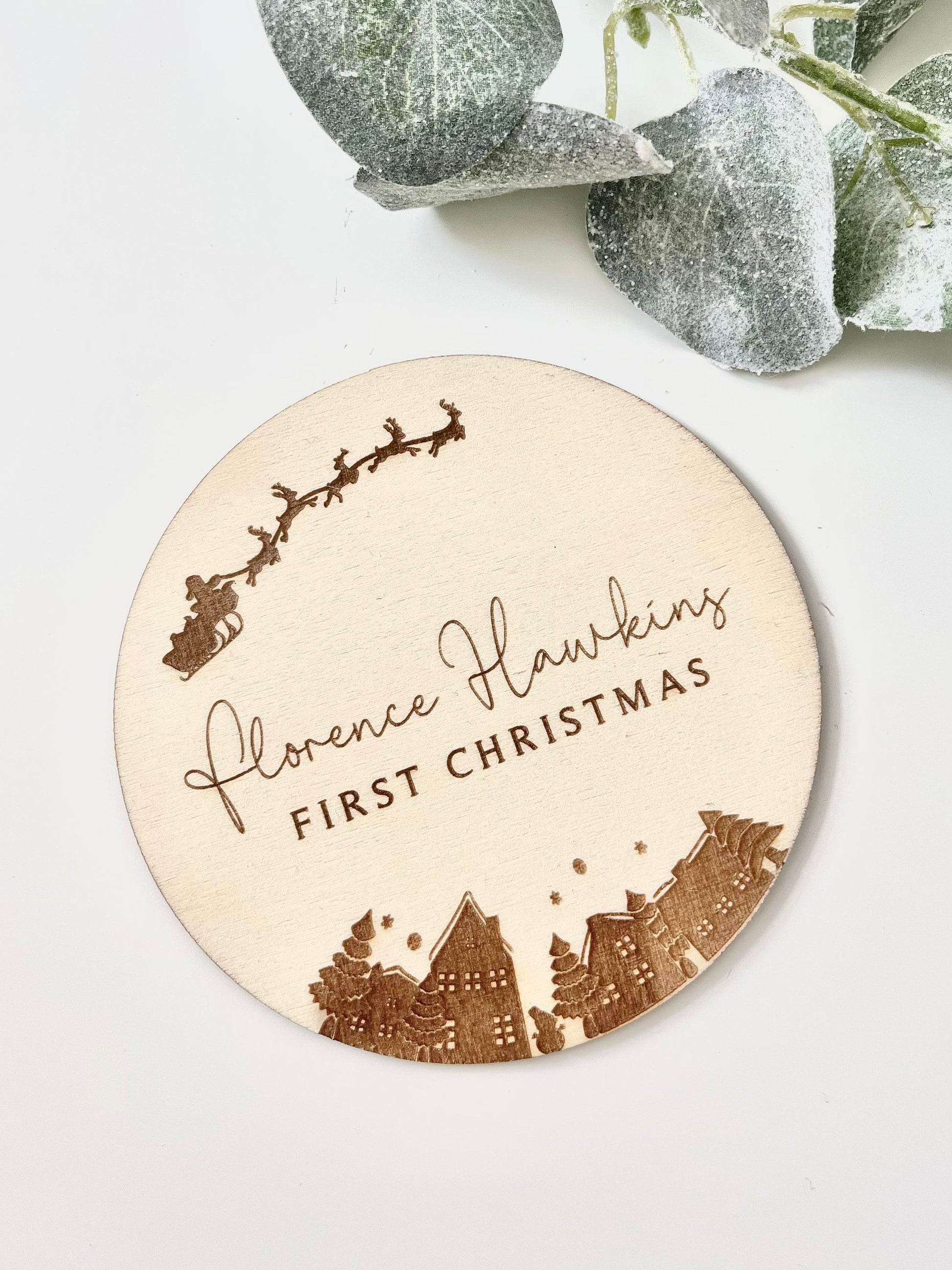 Personalised Engraved Baby's First Christmas Name Plaque. Keepsake Christmas Decoration. Wooden Baby Gift. Social Media Photo Prop Disc
