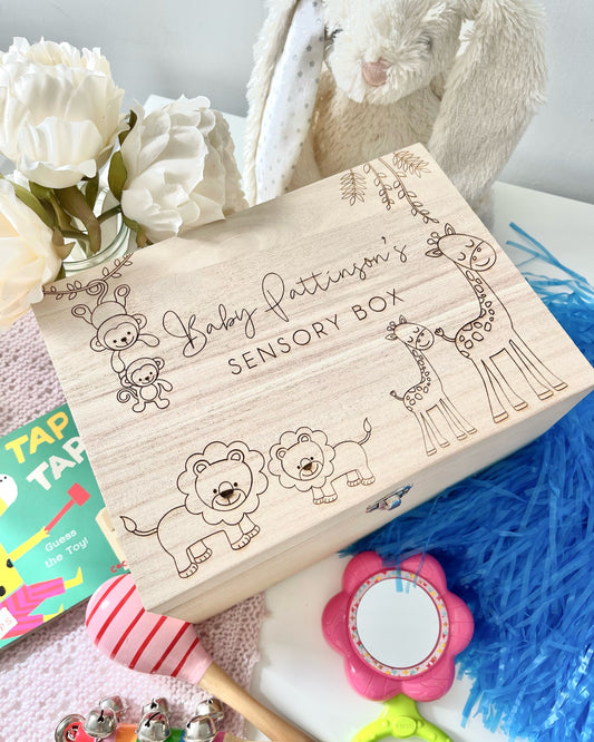 Personalised Baby Wooden Jungle Sensory Box