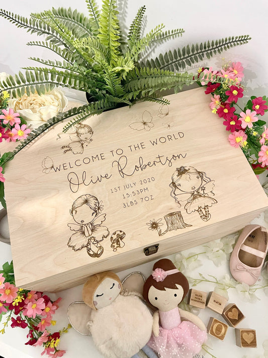 Personalized Baby Wooden Memories Keepsake Box - Personalised Memory Box - New Born Baby Fairy Memory Box- laser/Hand Burnt