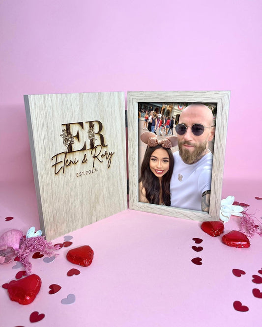 Personalised Couples floral valentines day Photo Frame/ Book Photo Frame/ valentines Gift/ Wooden Photo Frame with engraving/ Solid Oak Wood