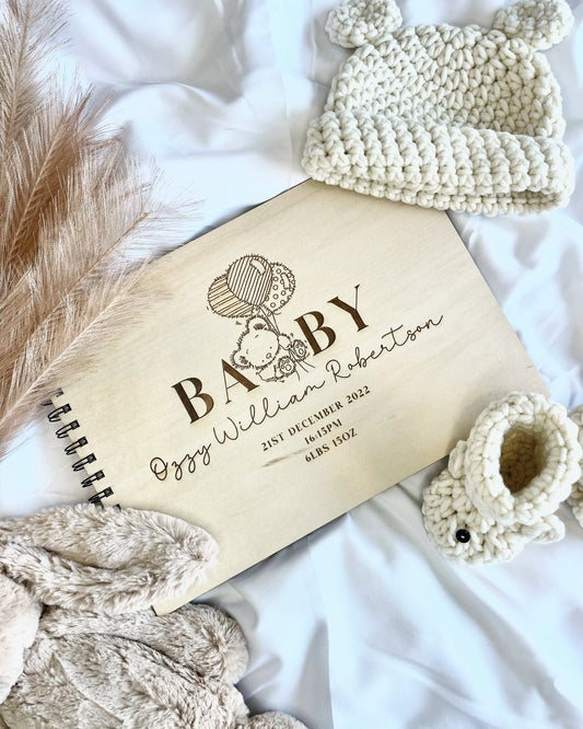 Personalised A4 Wooden Engraved Baby Teddy Scrapbook