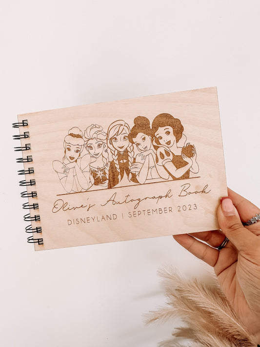 Personalised A5 wooden engraved Disney Princess Autograph Book/ holiday scrapbook/ memory book/ photo album/ memory gift