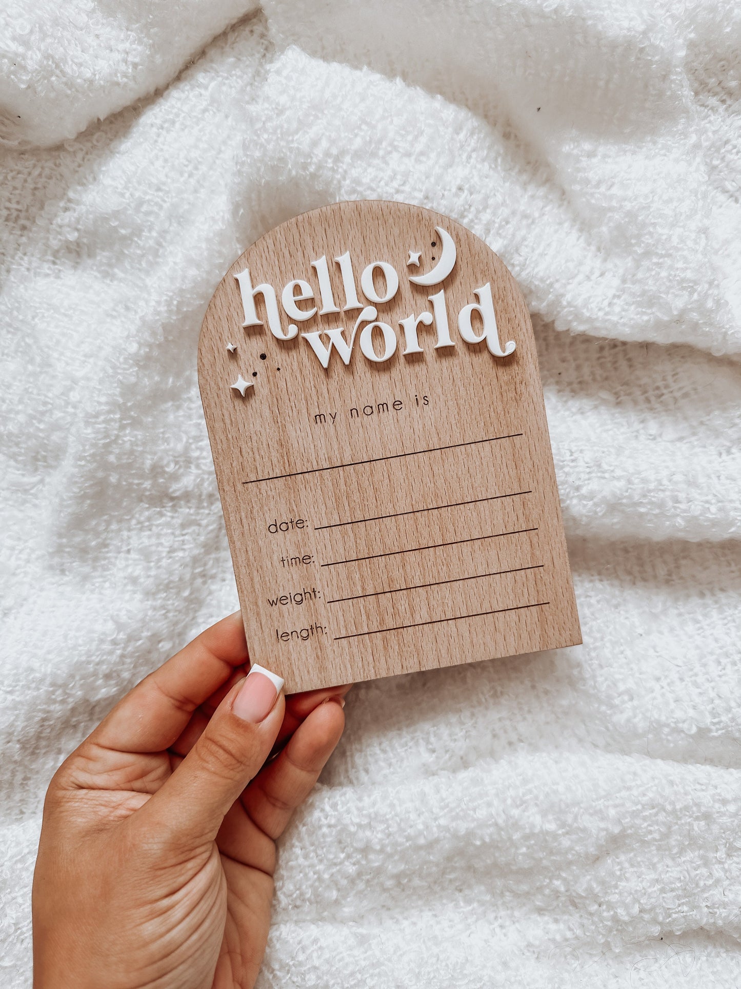 Wooden Celestial Hello World Baby Plaque. Keepsake Newborn Decoration. Wooden Baby Gift. Social Media Photo Prop Disc