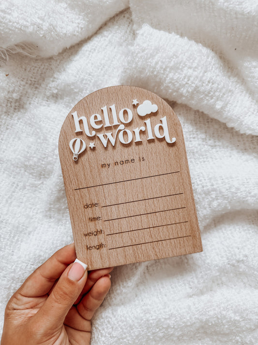 Wooden Hotair Balloon Hello World Baby Plaque