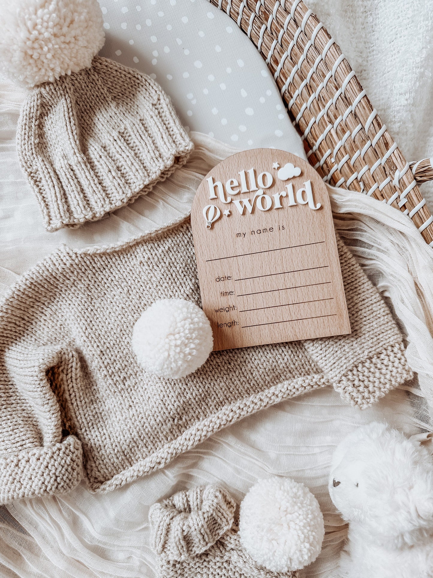 Wooden Hotair Balloon Hello World Baby Plaque