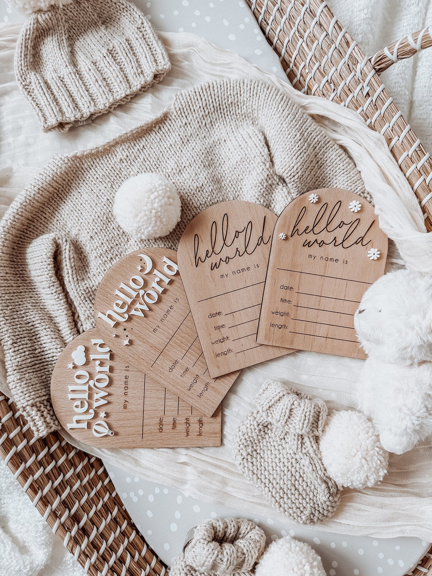 Wooden Hotair Balloon Hello World Baby Plaque