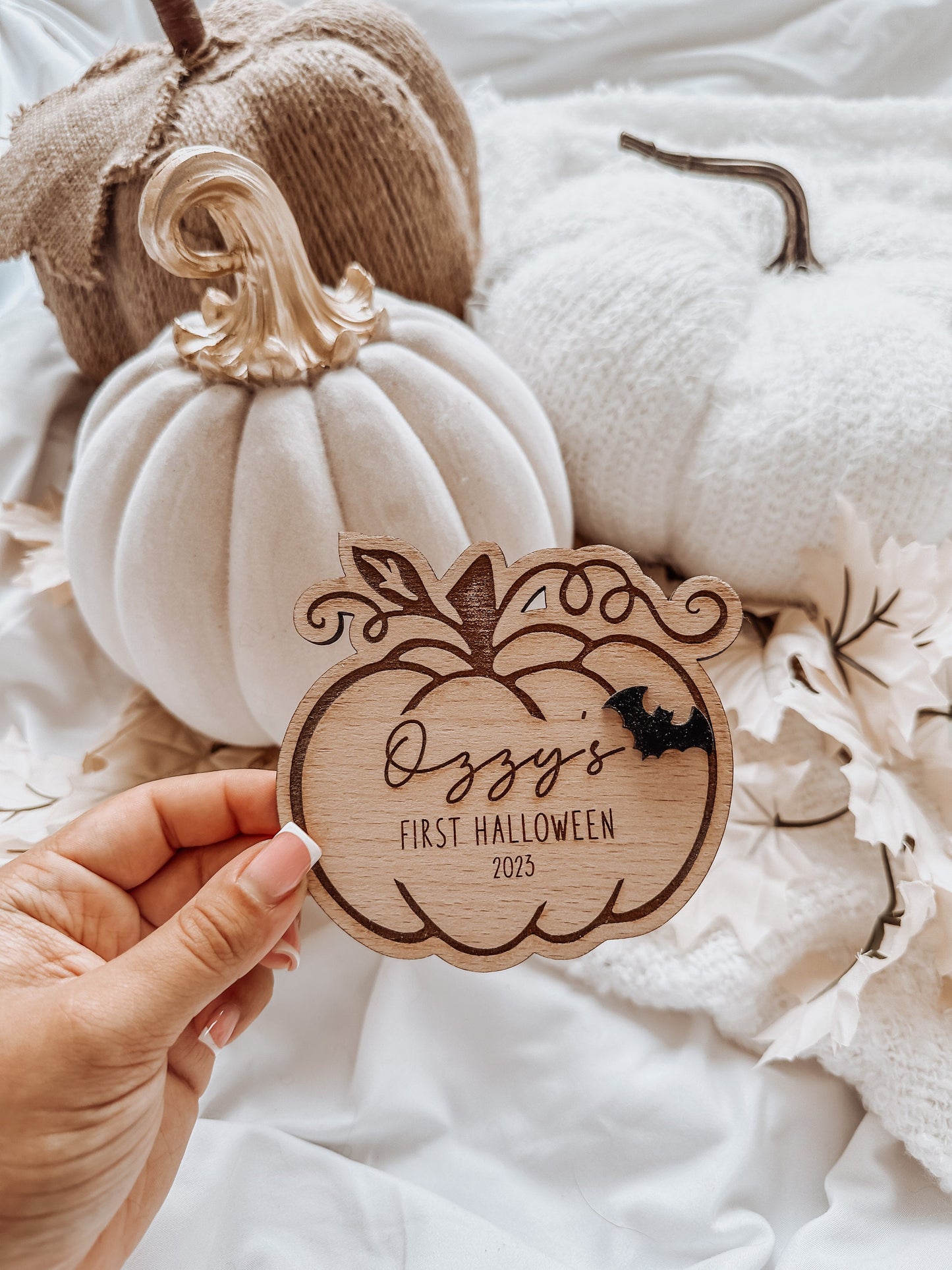 Wooden Babies First Halloween Pumpkin Plaque. Keepsake Newborn Decoration. Wooden Baby Gift. Social Media Photo Prop Disc