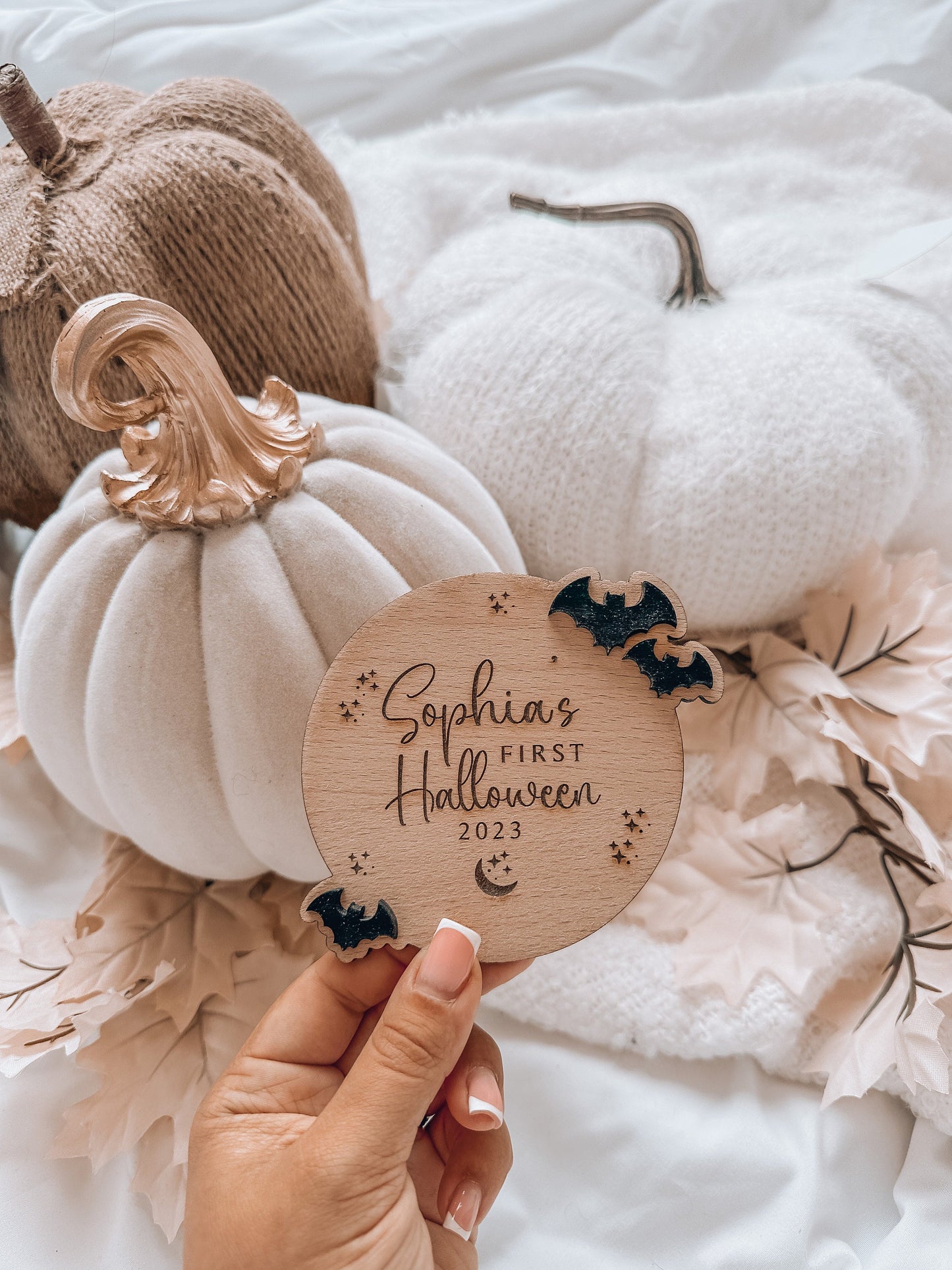 Wooden Babies First Halloween Bat Plaque. Keepsake Newborn Decoration. Wooden Baby Gift. Social Media Photo Prop Disc