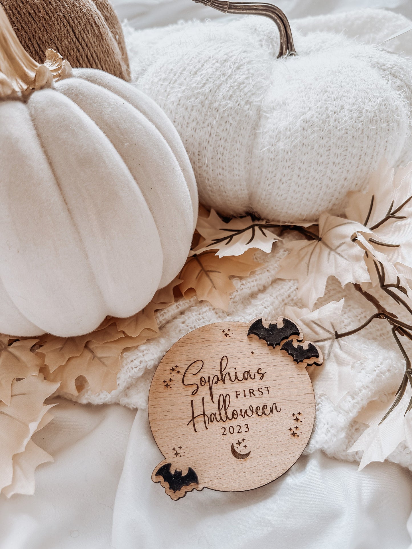 Wooden Babies First Halloween Bat Plaque. Keepsake Newborn Decoration. Wooden Baby Gift. Social Media Photo Prop Disc