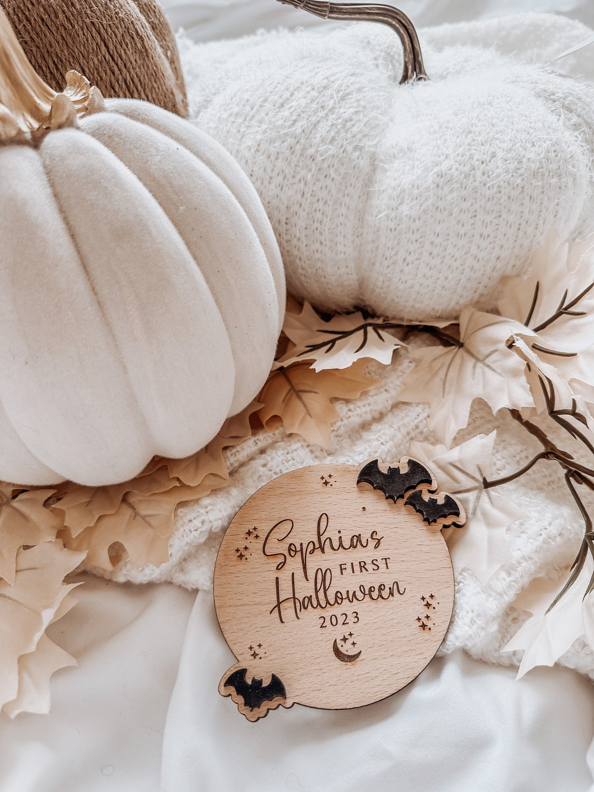 Wooden Babies First Halloween Bat Plaque. Keepsake Newborn Decoration. Wooden Baby Gift. Social Media Photo Prop Disc