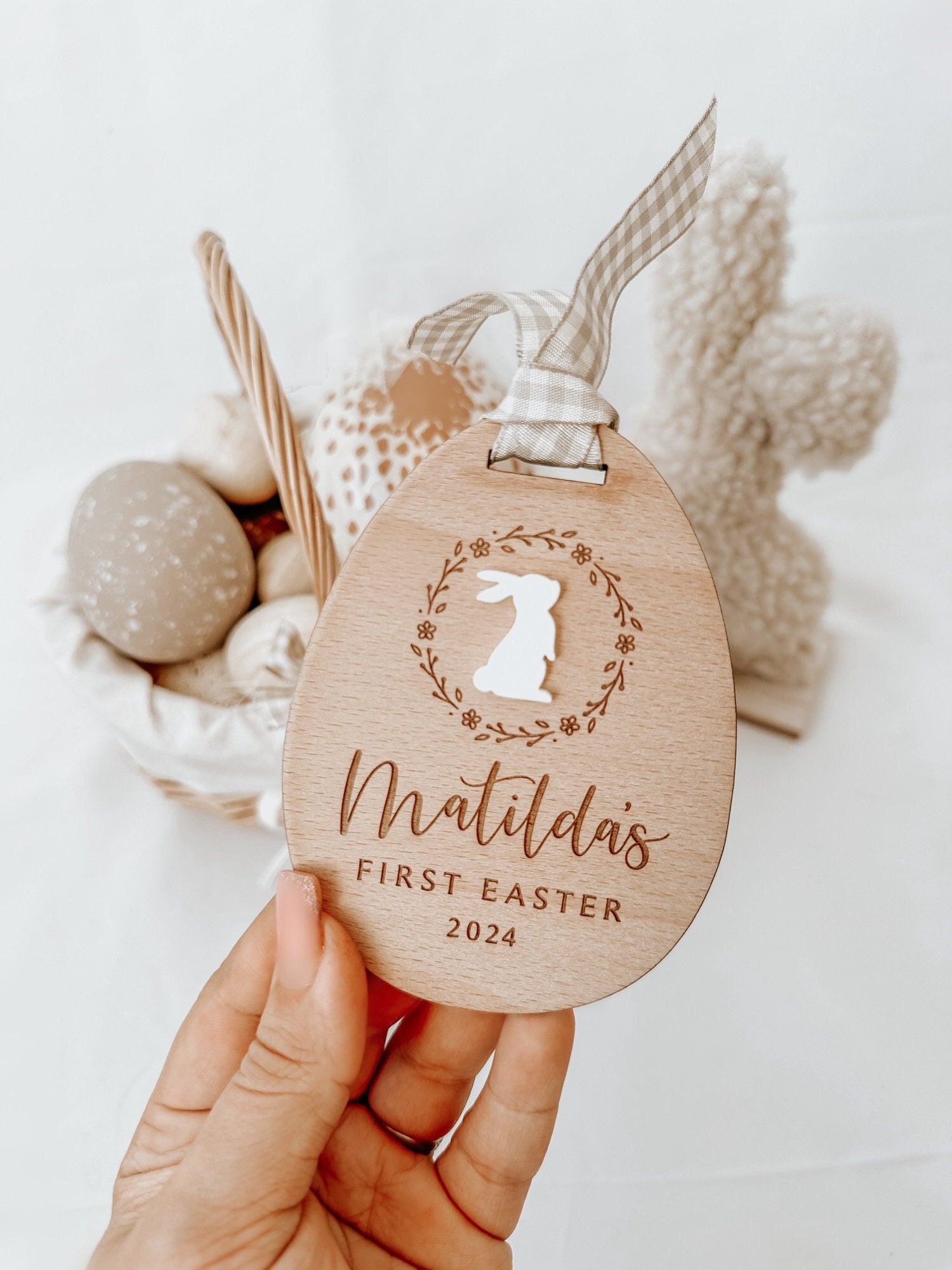 Personalised Engraved Baby's First Easter Name Plaque. Keepsake Easter Decoration. Wooden Baby Gift. Social Media Photo Prop Disc