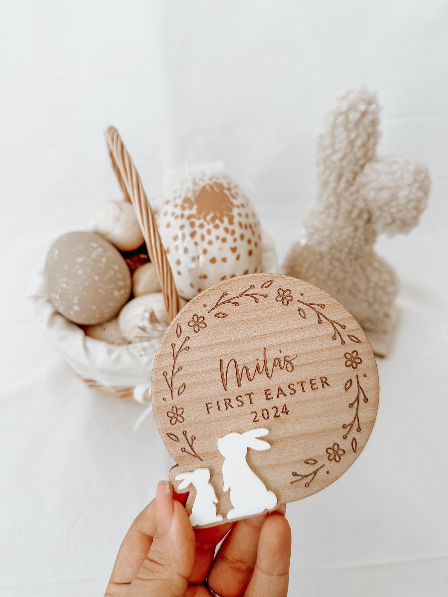 Personalised Engraved Baby's First Easter Name Plaque. Keepsake Easter Decoration. Wooden Baby Gift. Social Media Photo Prop Disc