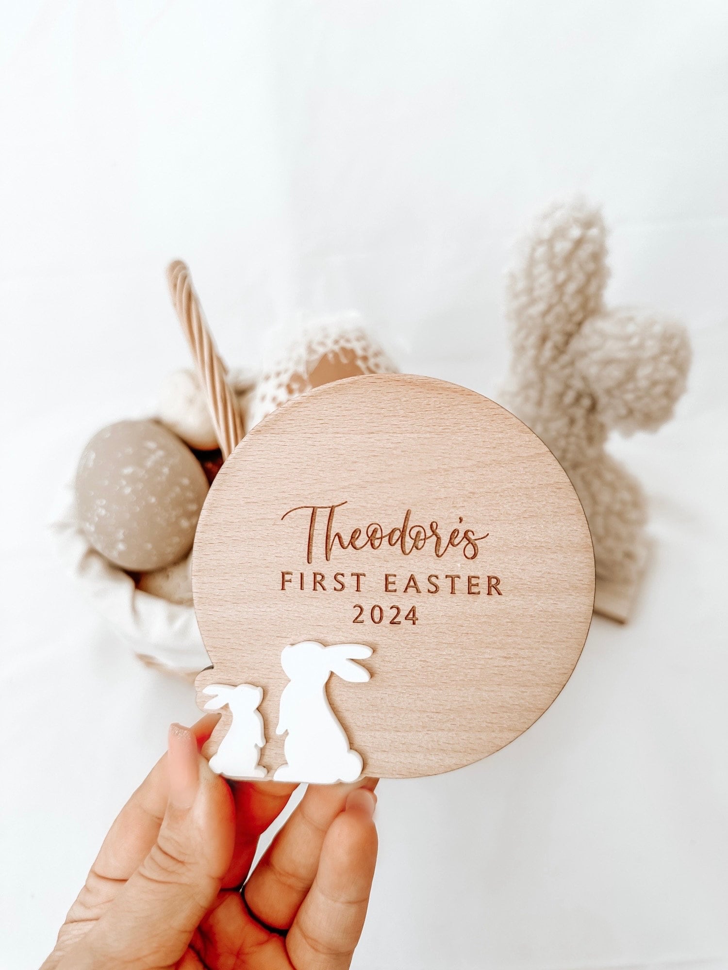 Personalised Engraved Baby's First Easter Name Plaque. Keepsake Easter Decoration. Wooden Baby Gift. Social Media Photo Prop Disc