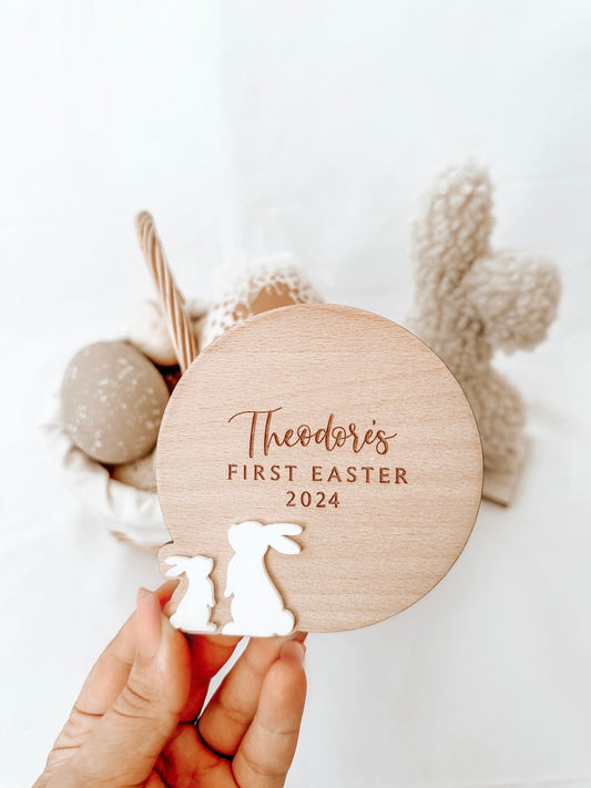 Personalised Engraved Baby's First Easter Name Plaque. Keepsake Easter Decoration. Wooden Baby Gift. Social Media Photo Prop Disc