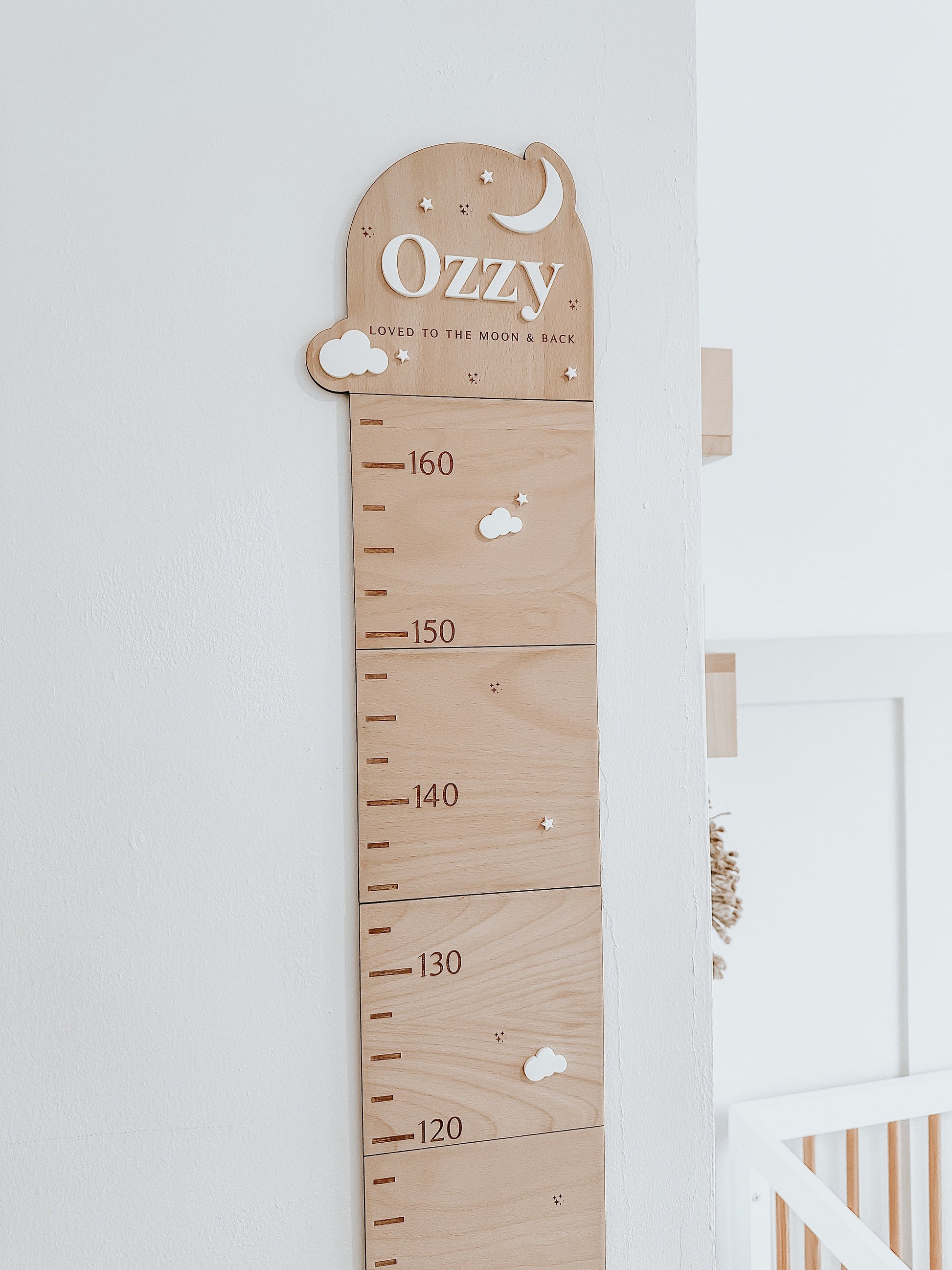 Personalised Moon and Stars Wooden Height Chart, Kids Growth Chart, Wooden Height Measuring, Nursery Wall Decoration, Baby Shower Gifts