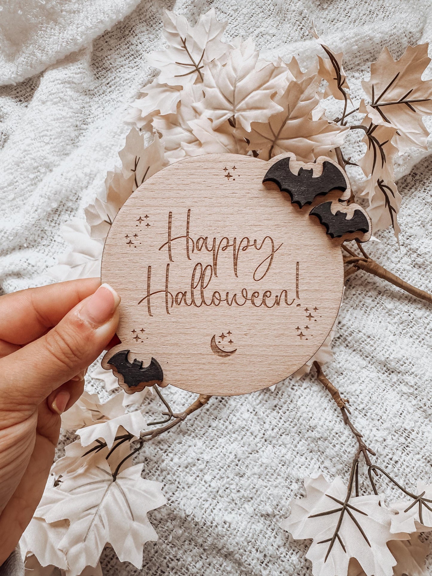 Wooden Happy Halloween Bat Plaque. Keepsake Newborn Decoration. Wooden Baby Gift. Social Media Photo Prop Disc