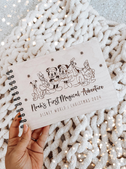 Personalised A5 wooden engraved Disney Mickey & Minnie Christmas Autograph Book/ holiday scrapbook/ memory book/ photo album/ memory gift