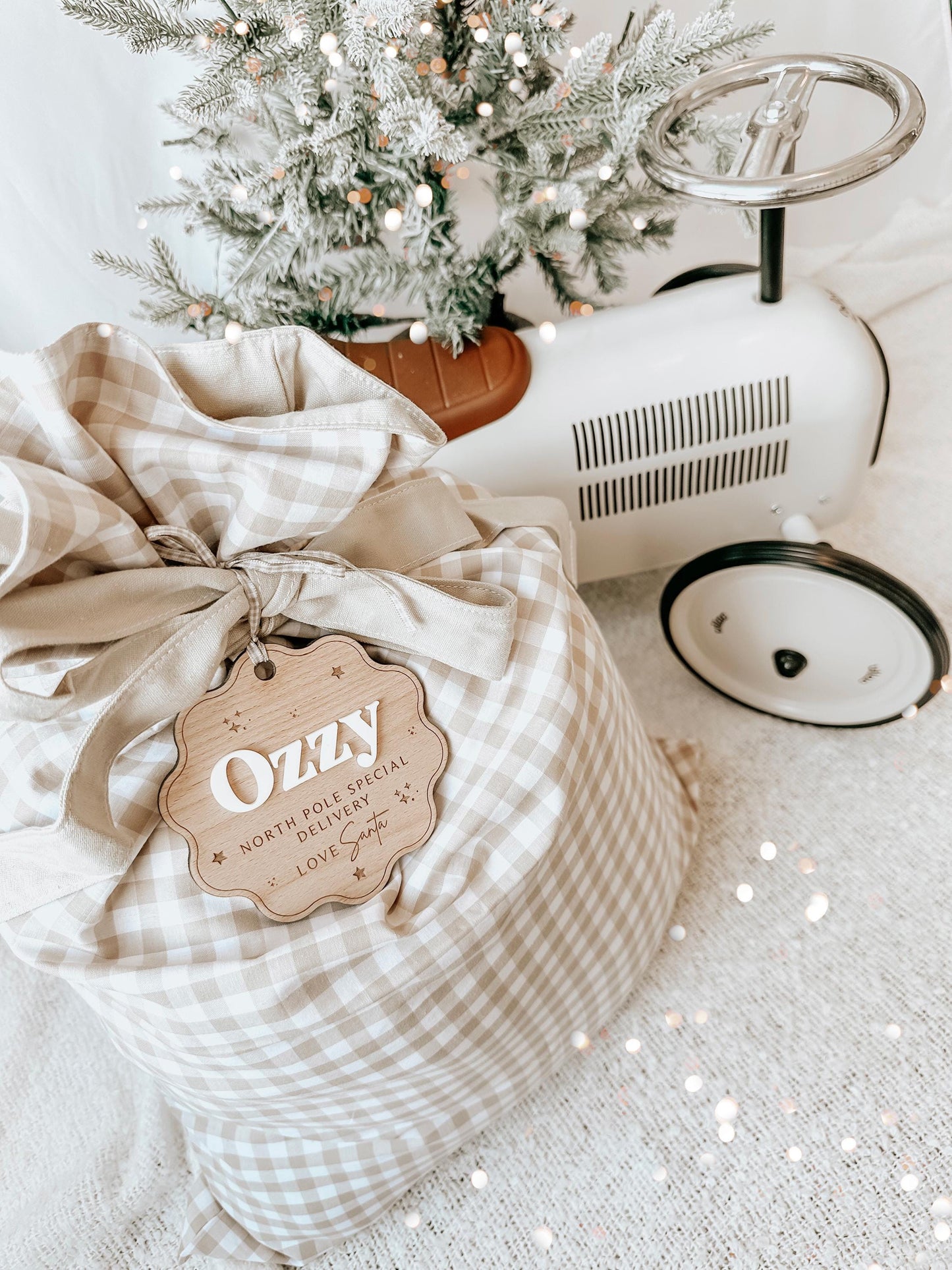 Personalised Beige Gingham Christmas Sack With Wooden Name Plaque | Christmas Sack Tags | Santa Sack