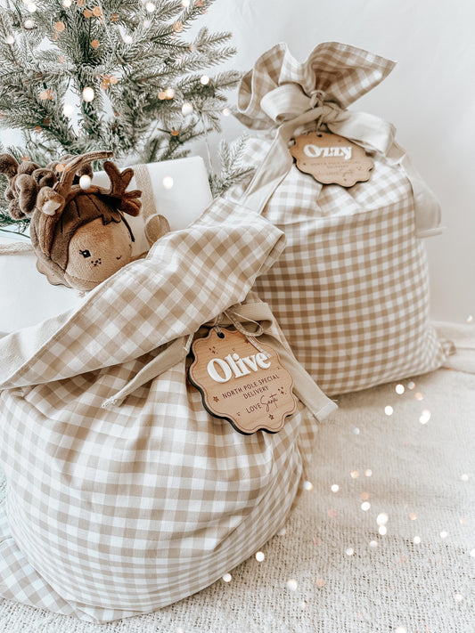 Personalised Beige Gingham Christmas Sack With Wooden Name Plaque | Christmas Sack Tags | Santa Sack