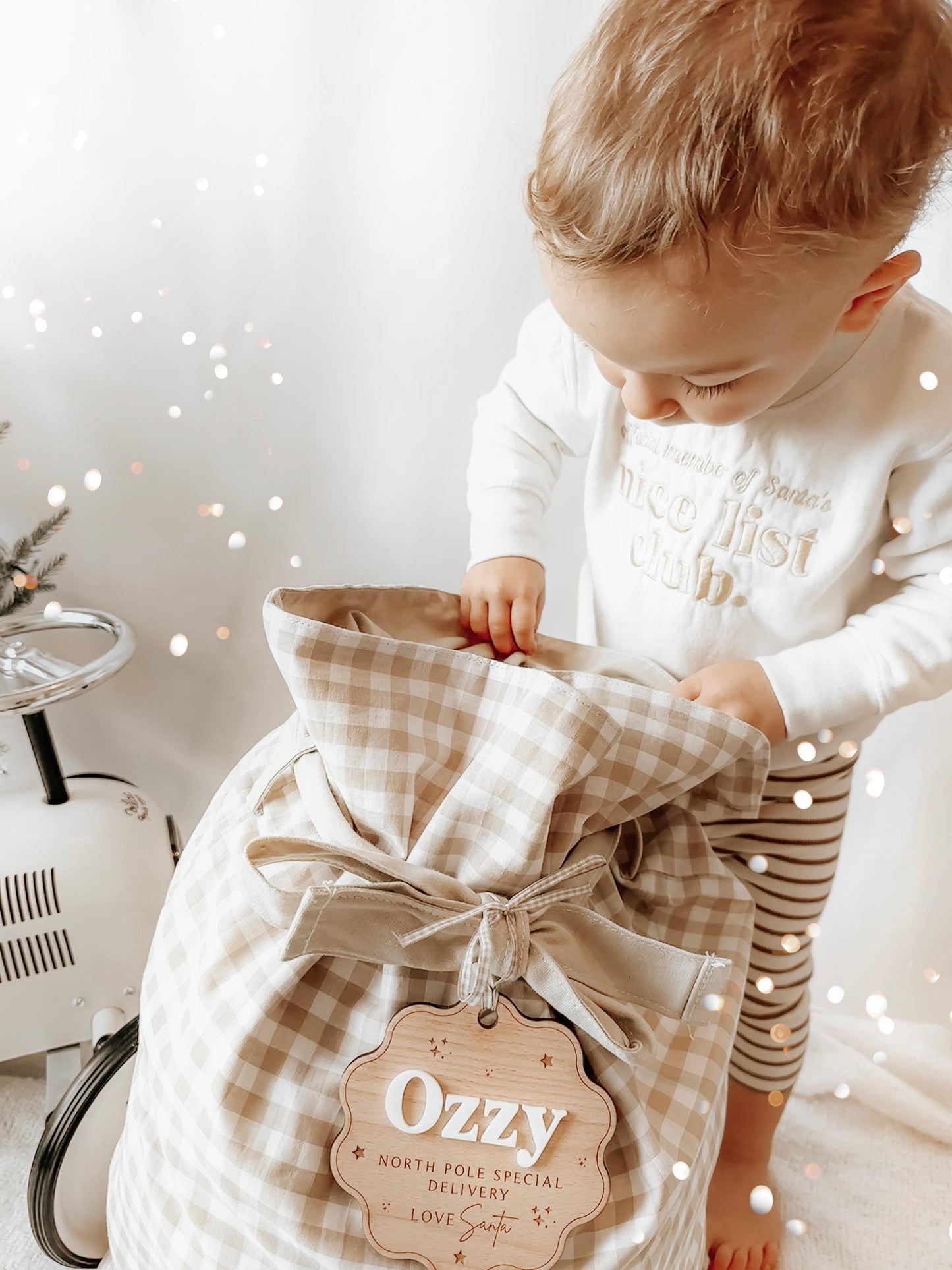 Personalised Beige Gingham Christmas Sack With Wooden Name Plaque | Christmas Sack Tags | Santa Sack