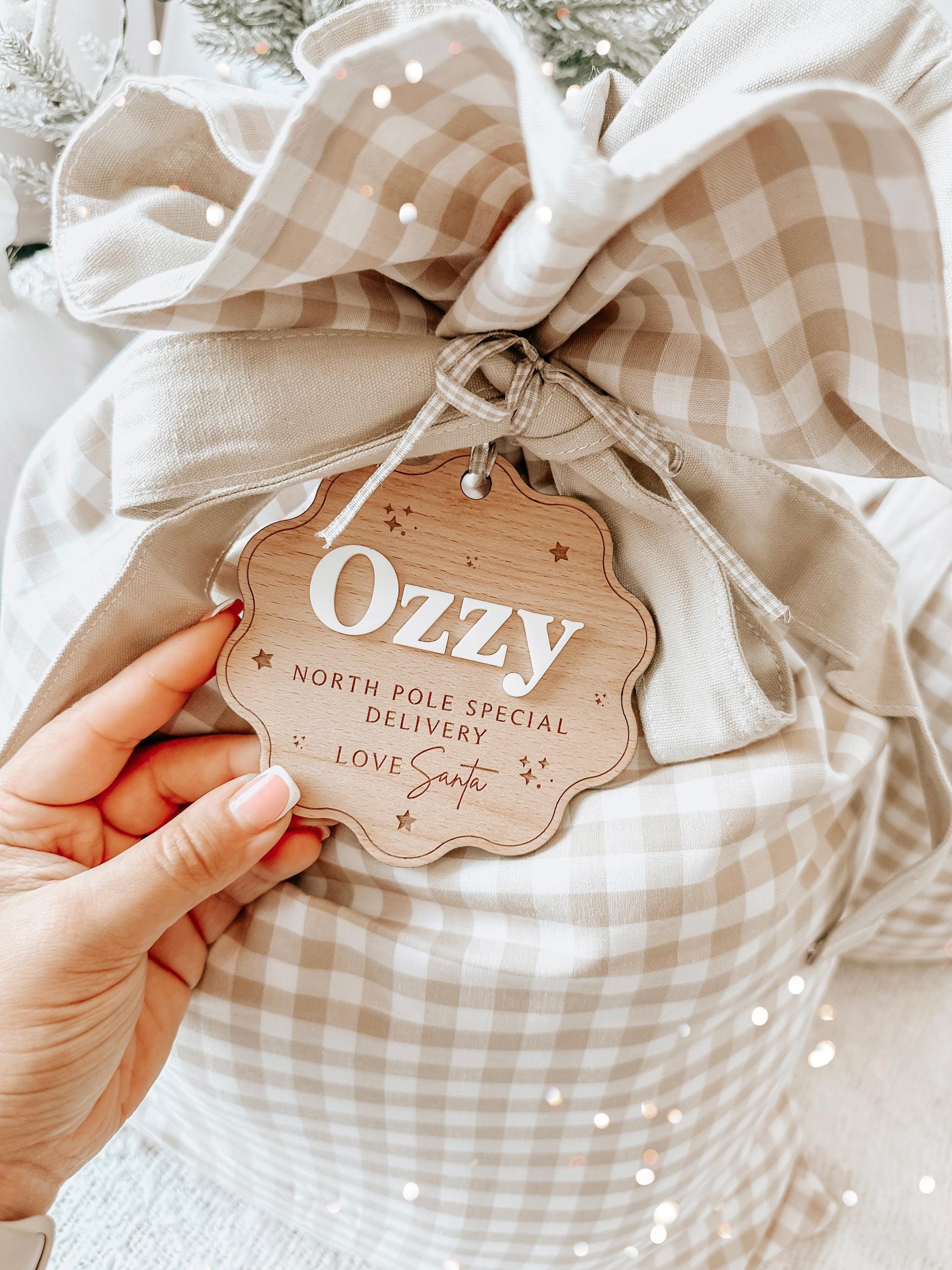 Personalised Beige Gingham Christmas Sack With Wooden Name Plaque | Christmas Sack Tags | Santa Sack