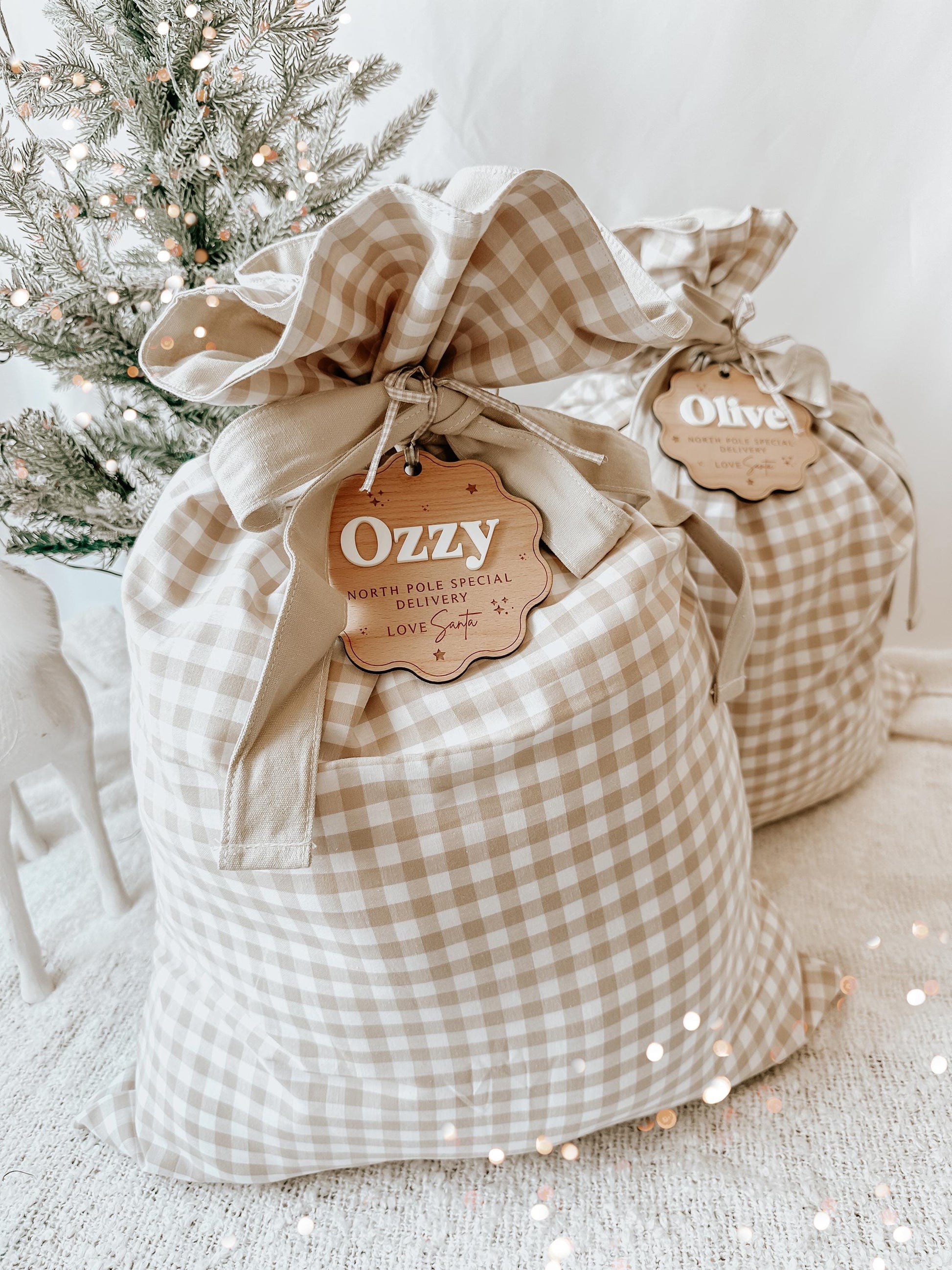 Personalised Beige Gingham Christmas Sack With Wooden Name Plaque | Christmas Sack Tags | Santa Sack